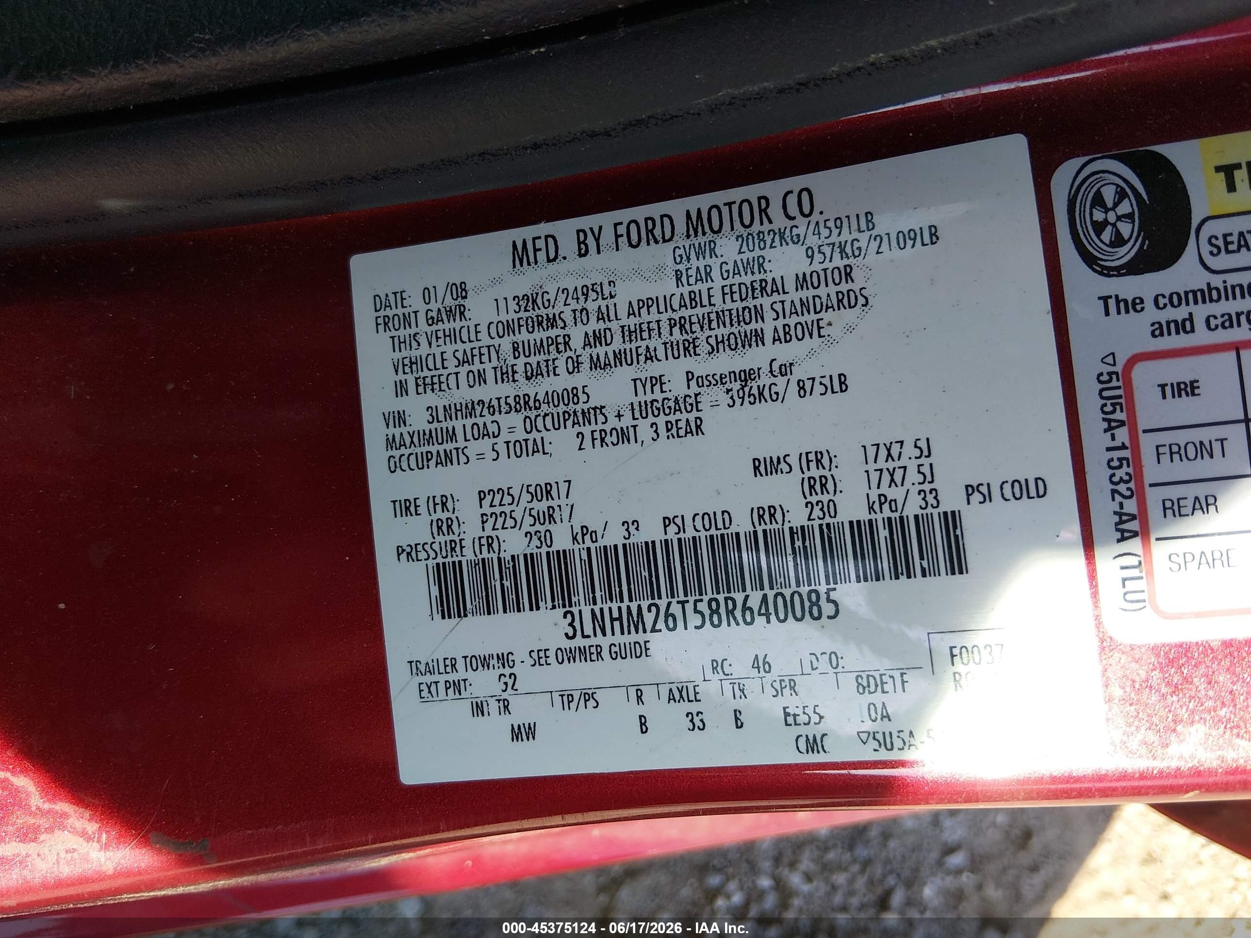 2008 Lincoln Mkz   Red vin: 3LNHM26T58R640085