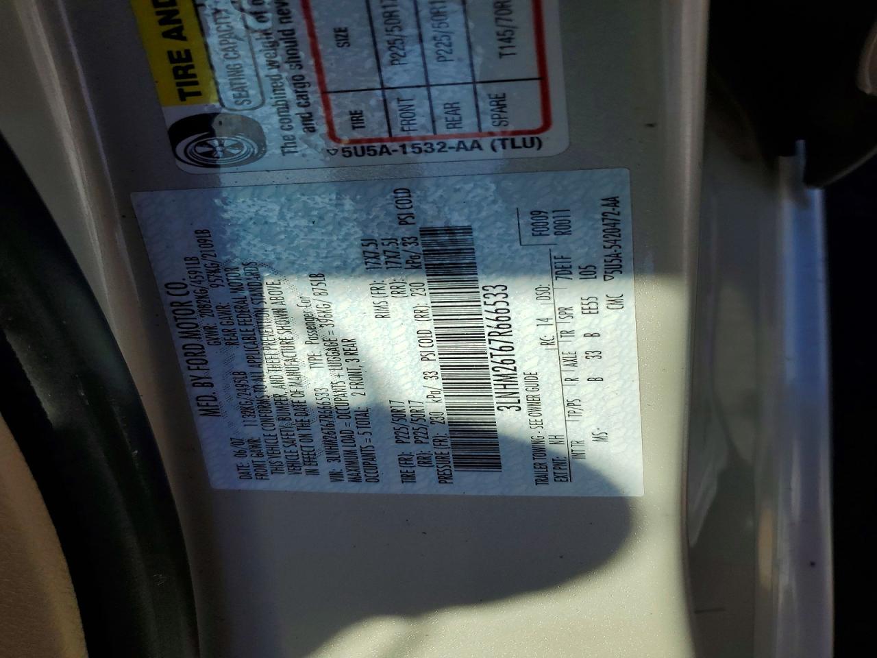 2007 Lincoln Mkz White vin: 3LNHM26T67R666533