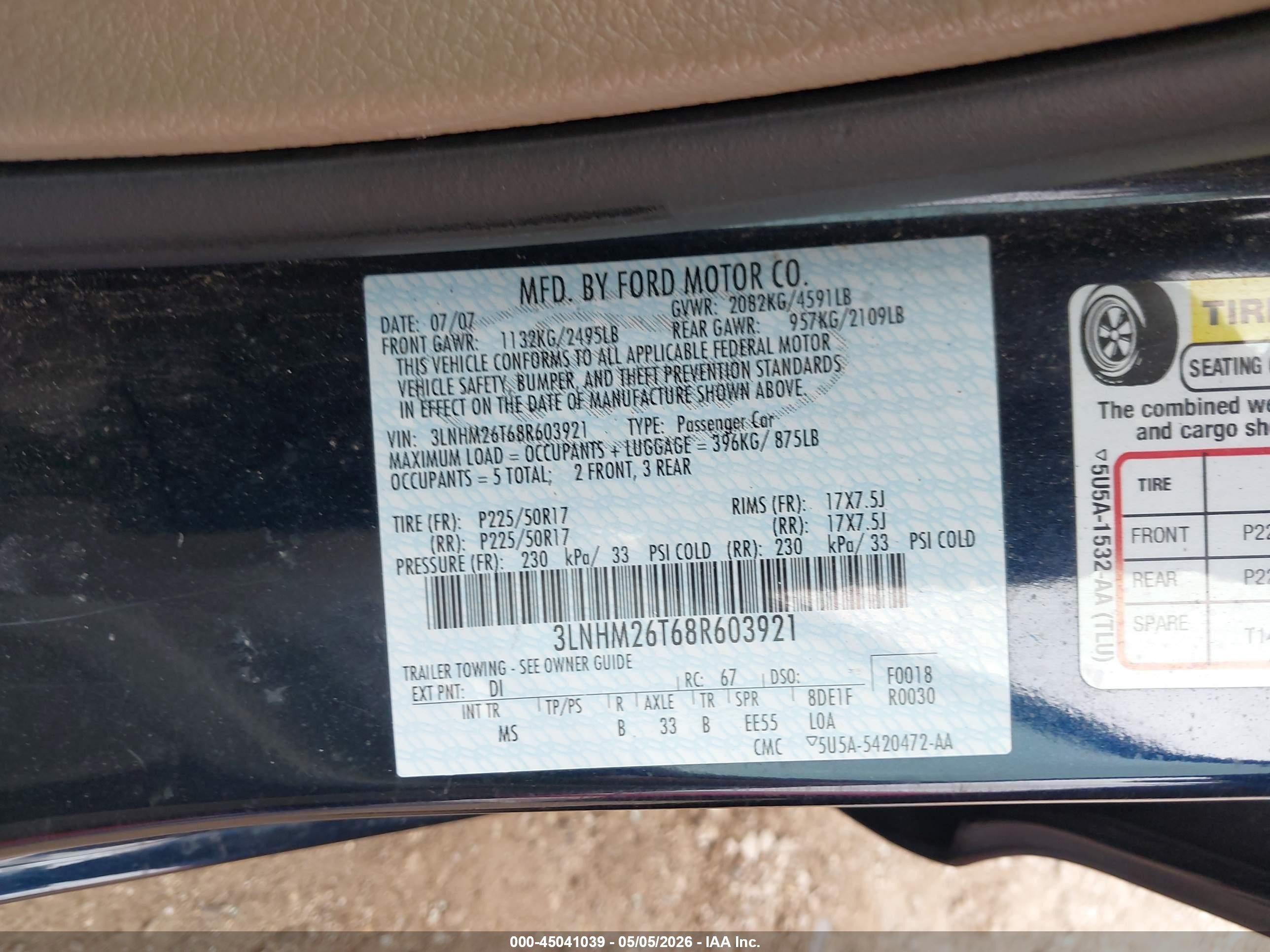 2008 Lincoln Mkz   Dark Blue vin: 3LNHM26T68R603921