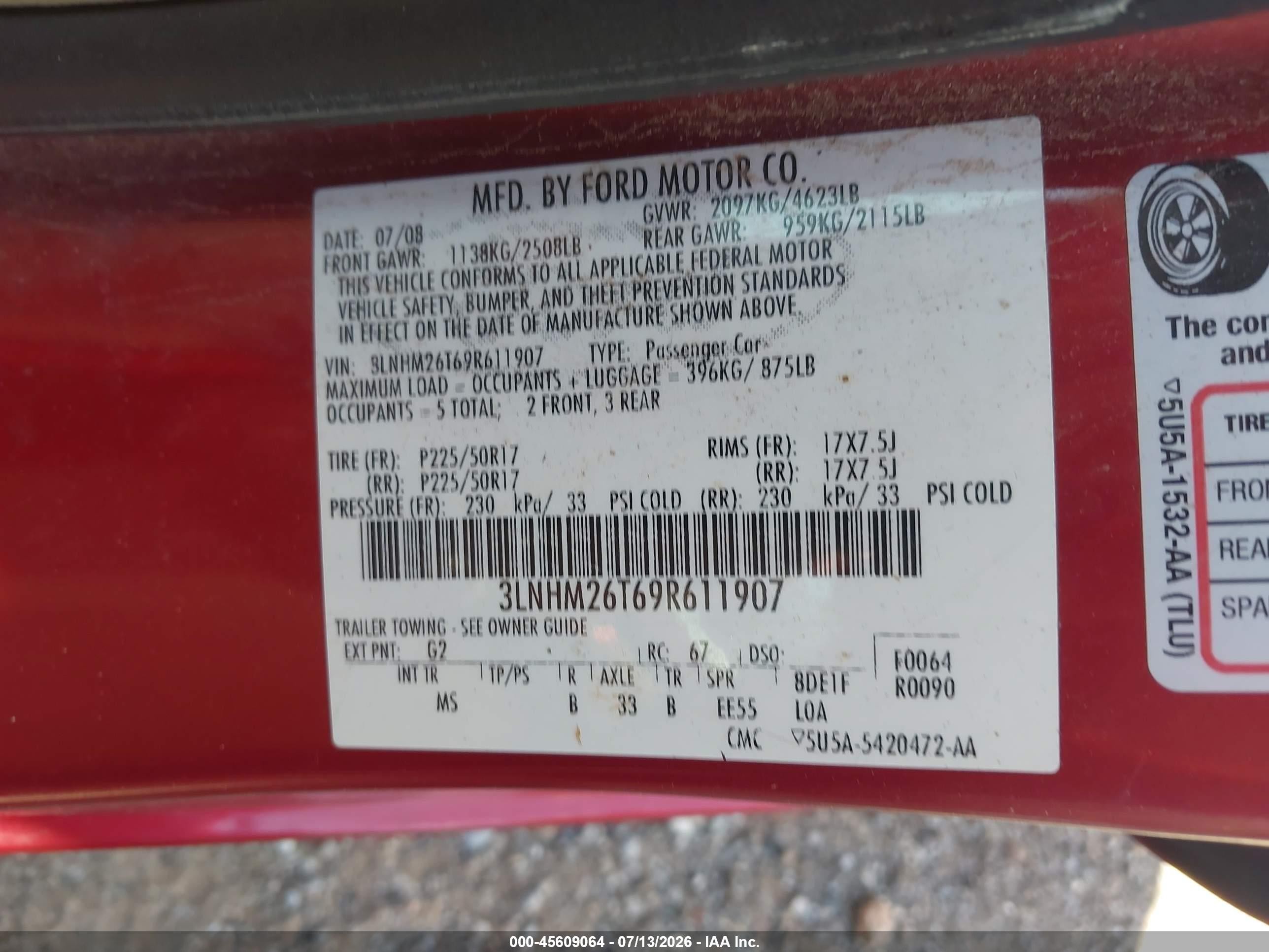 2009 Lincoln Mkz   Red vin: 3LNHM26T69R611907