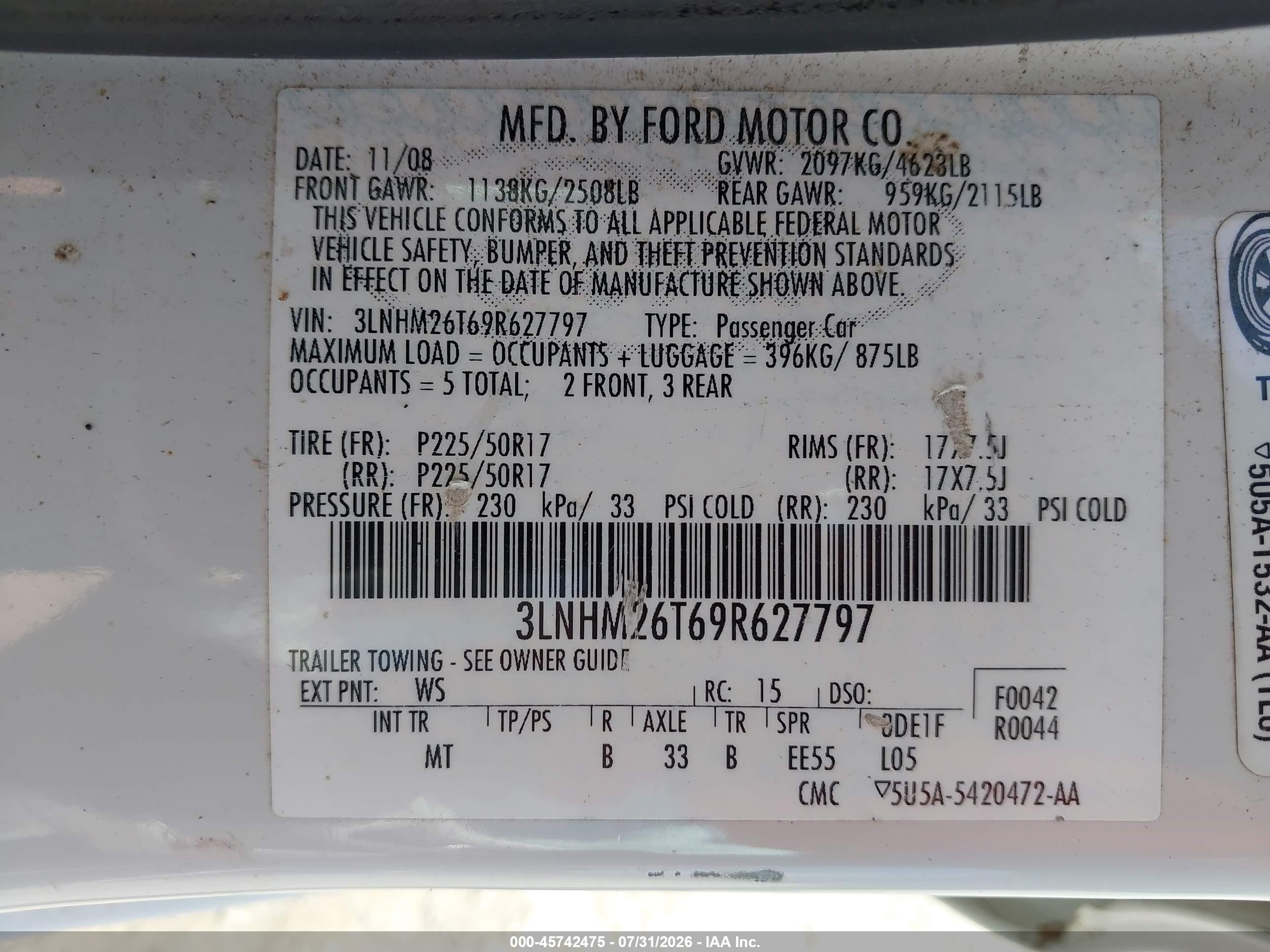 2009 Lincoln Mkz   White vin: 3LNHM26T69R627797