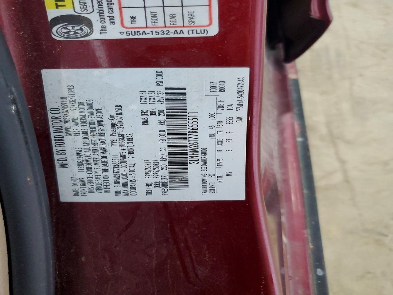 2007 Lincoln Mkz Красный vin: 3LNHM26T77R655511