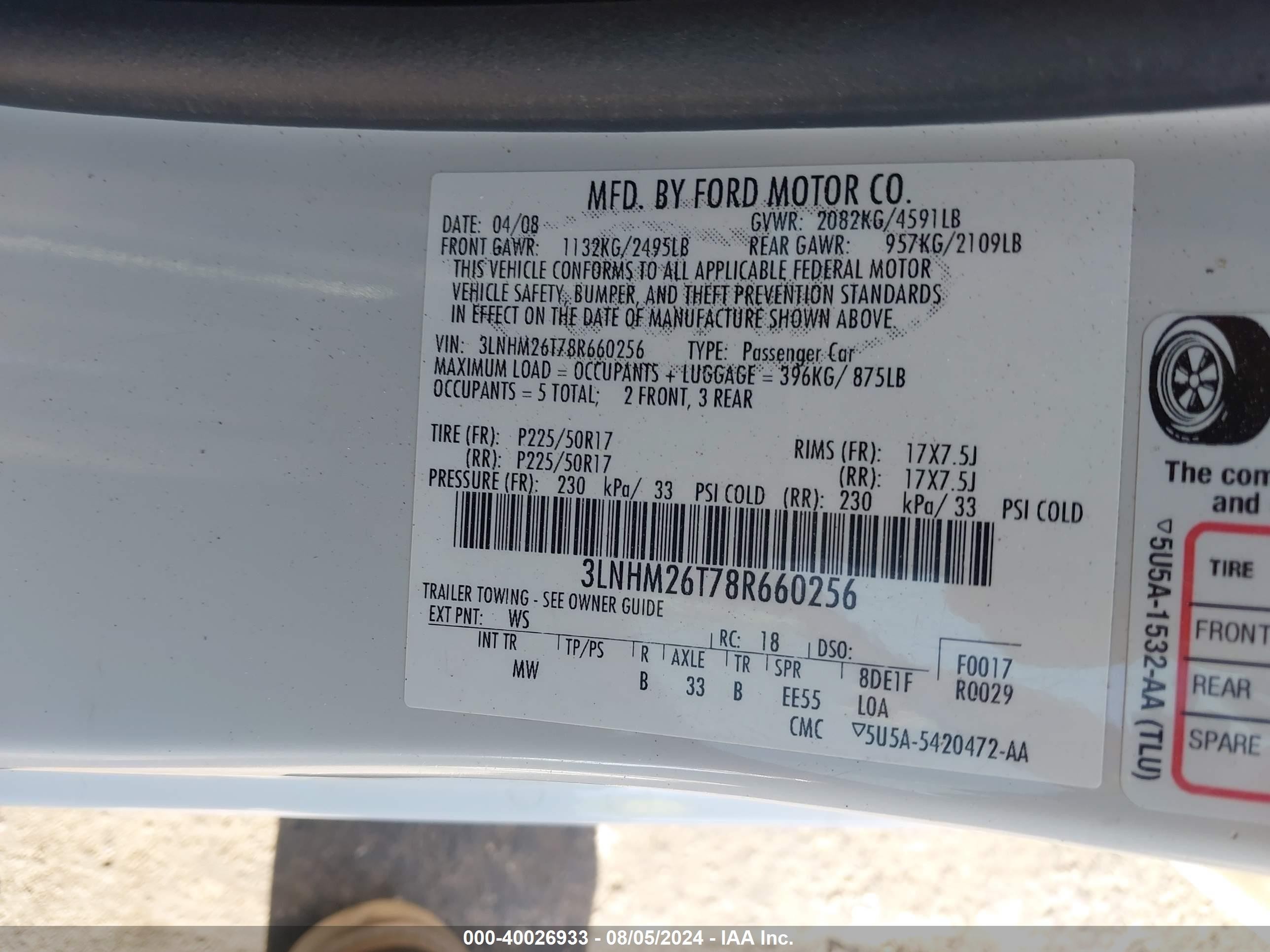 2008 Lincoln Mkz White vin: 3LNHM26T78R660256