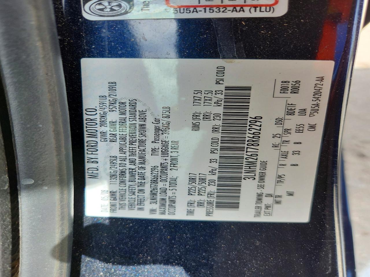 2008 Lincoln Mkz Blue vin: 3LNHM26T78R662296