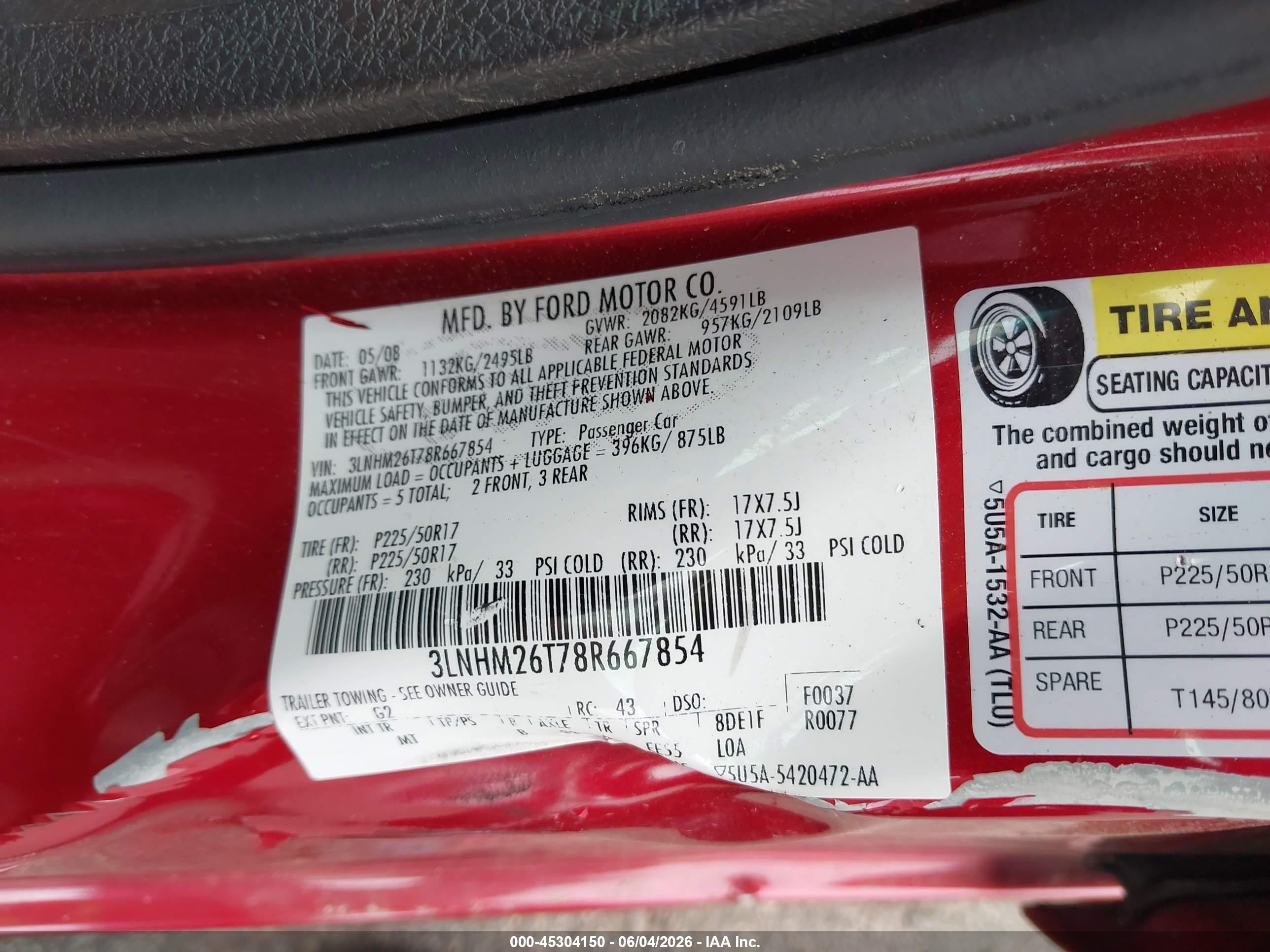 2008 Lincoln Mkz   Red vin: 3LNHM26T78R667854