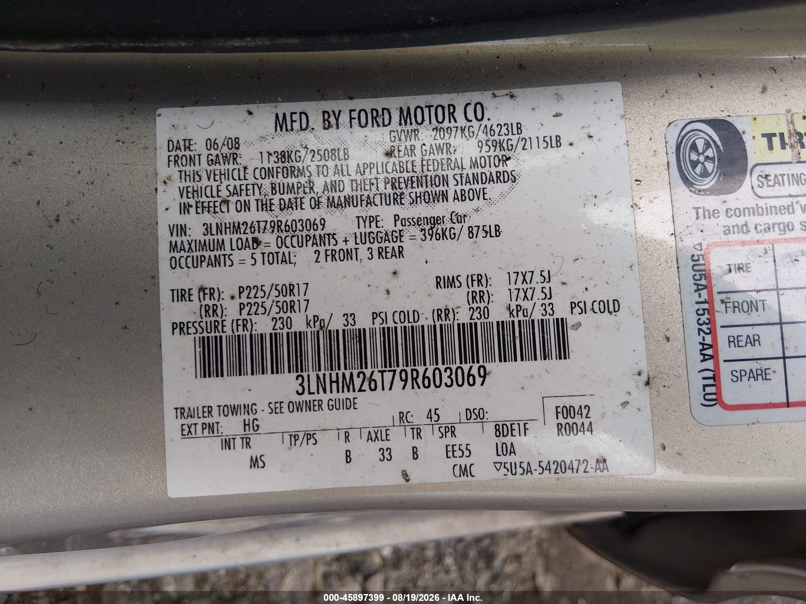 2009 Lincoln Mkz   Champagne vin: 3LNHM26T79R603069