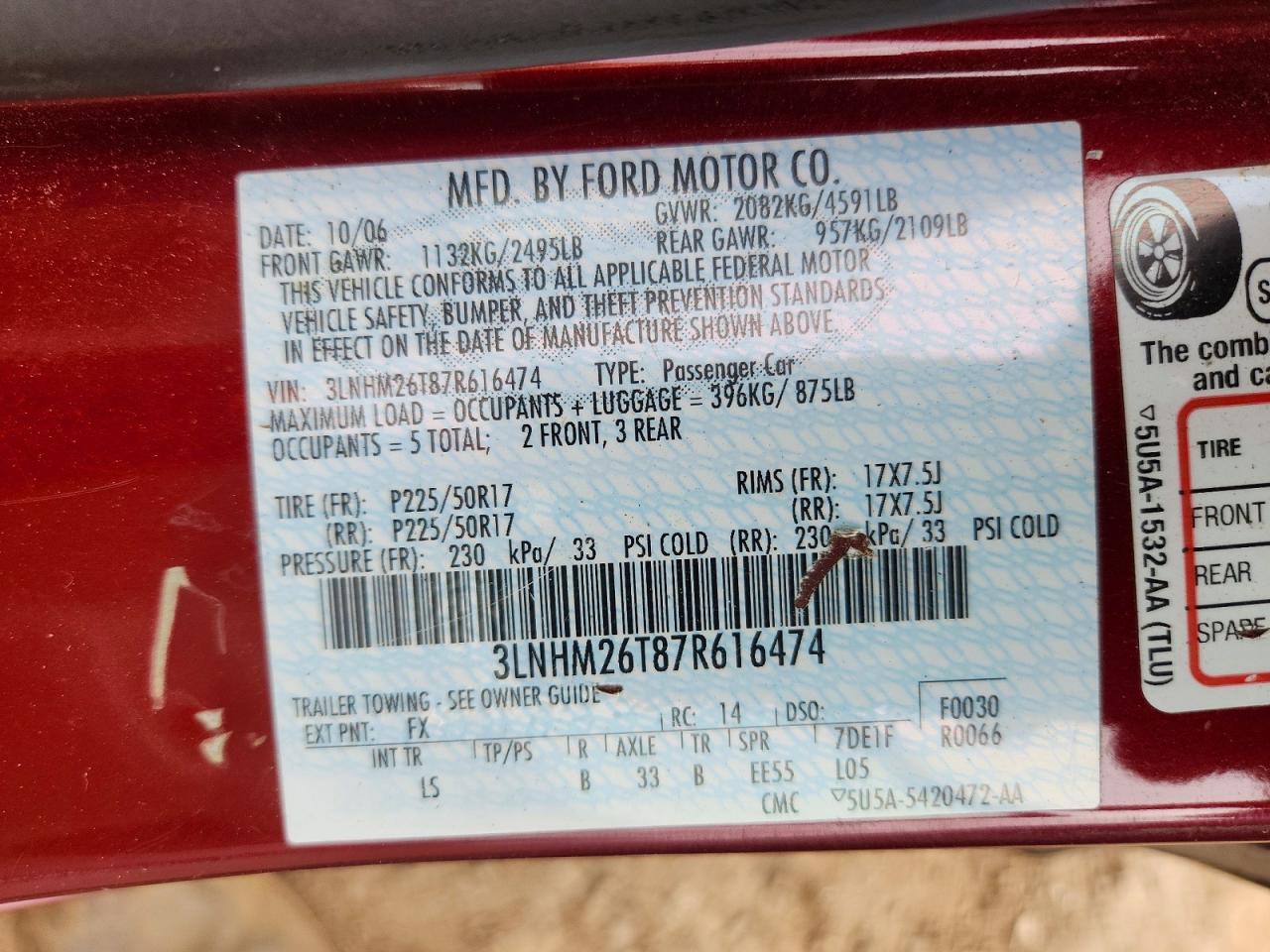 2007 Lincoln Mkz Burgundy vin: 3LNHM26T87R616474