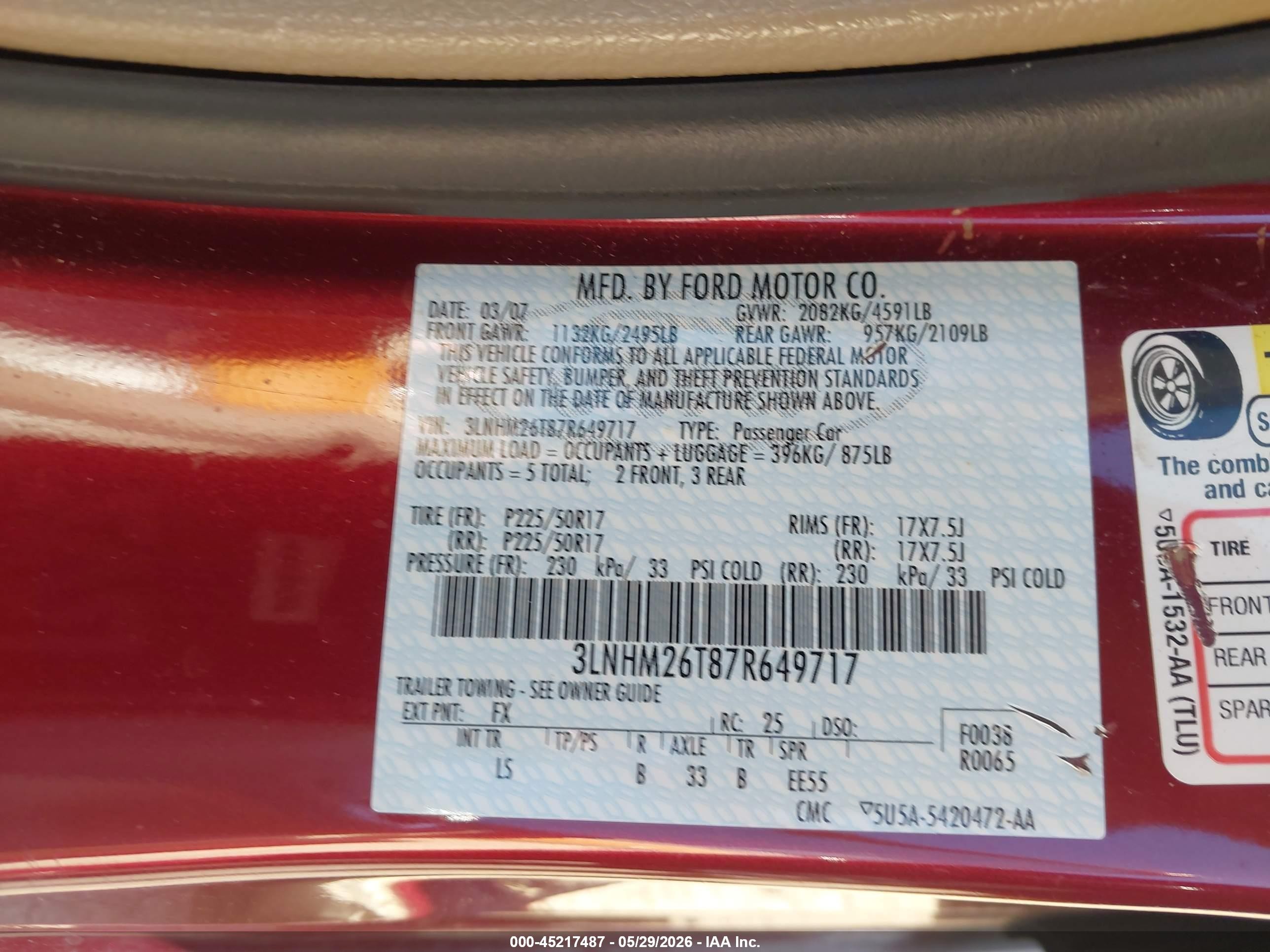 2007 Lincoln Mkz Красный vin: 3LNHM26T87R649717