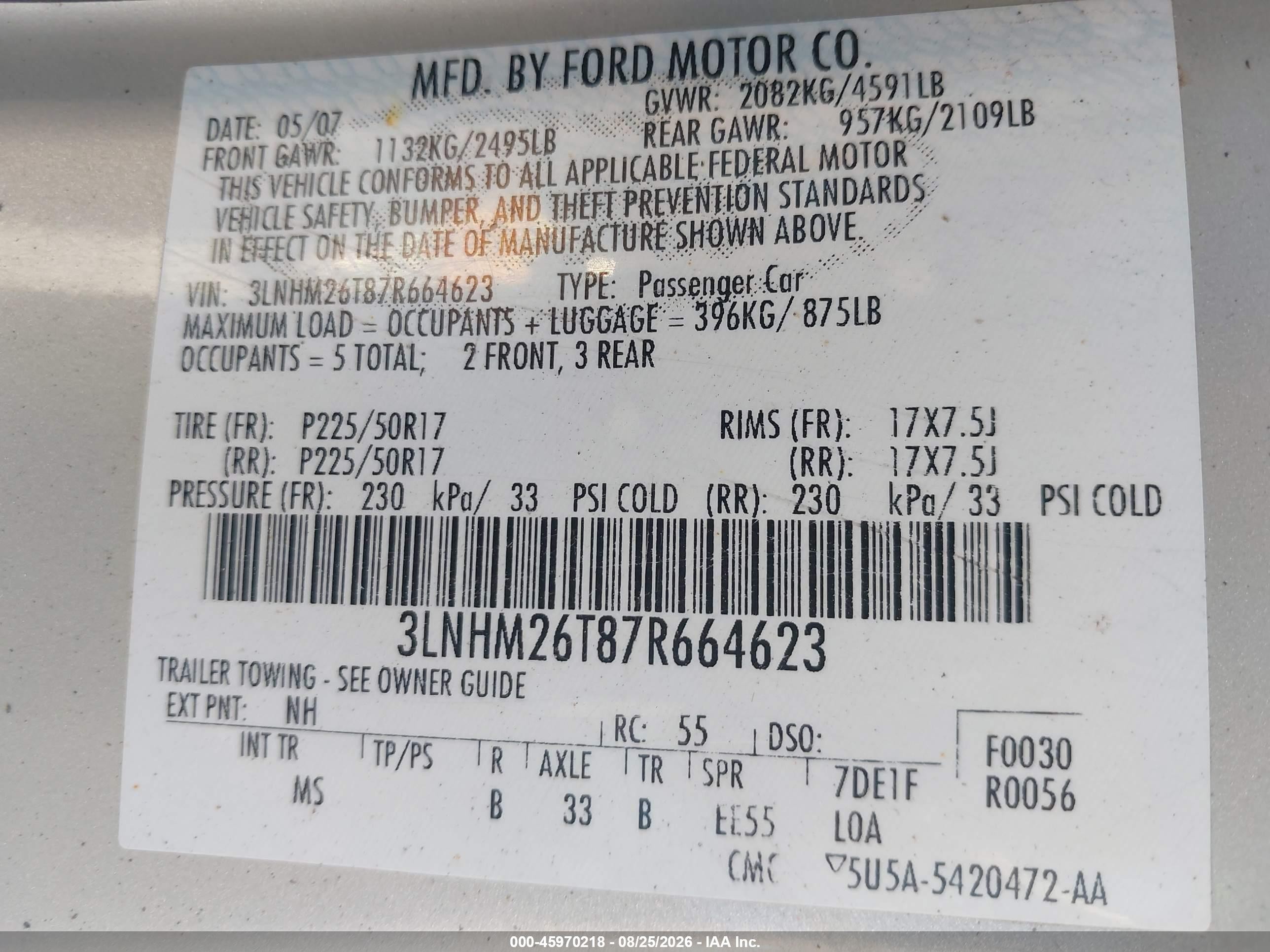 2007 Lincoln Mkz   White vin: 3LNHM26T87R664623