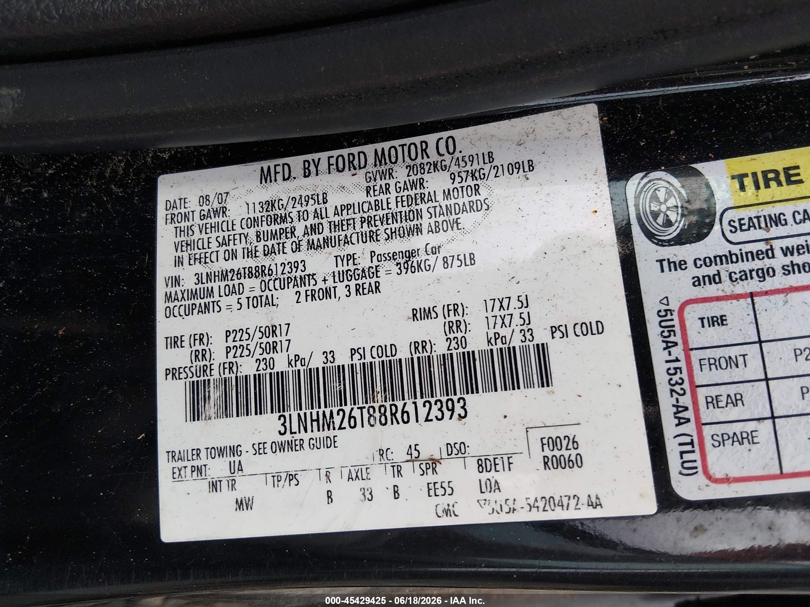2008 Lincoln Mkz   Black vin: 3LNHM26T88R612393