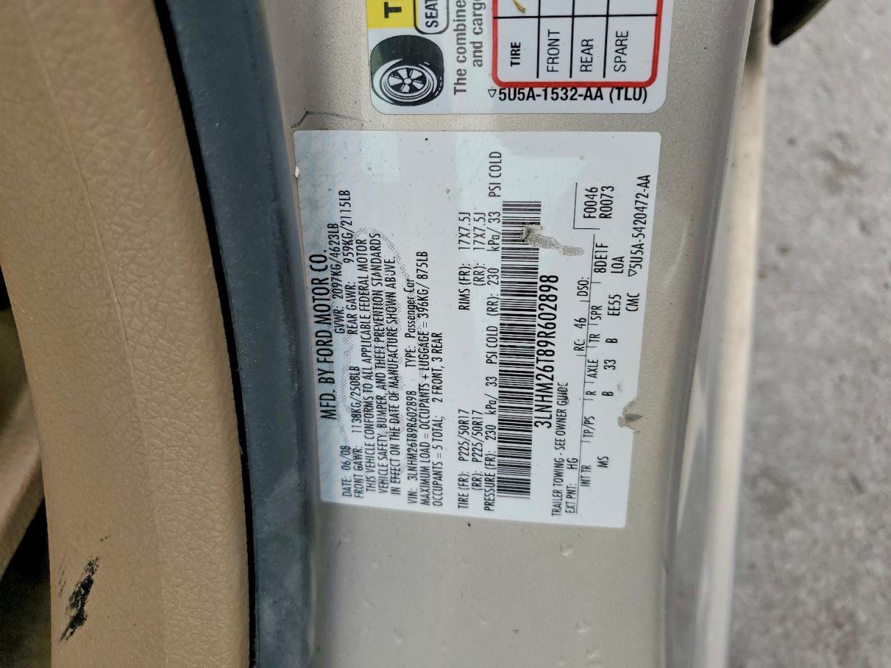 2009 Lincoln Mkz Beige vin: 3LNHM26T89R602898