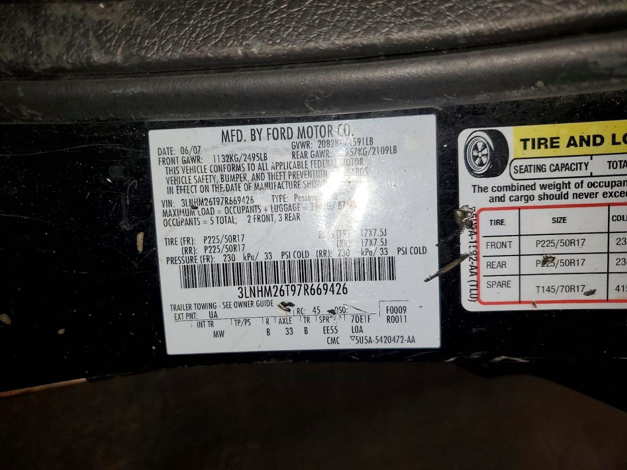 2007 Lincoln Mkz Black vin: 3LNHM26T97R669426
