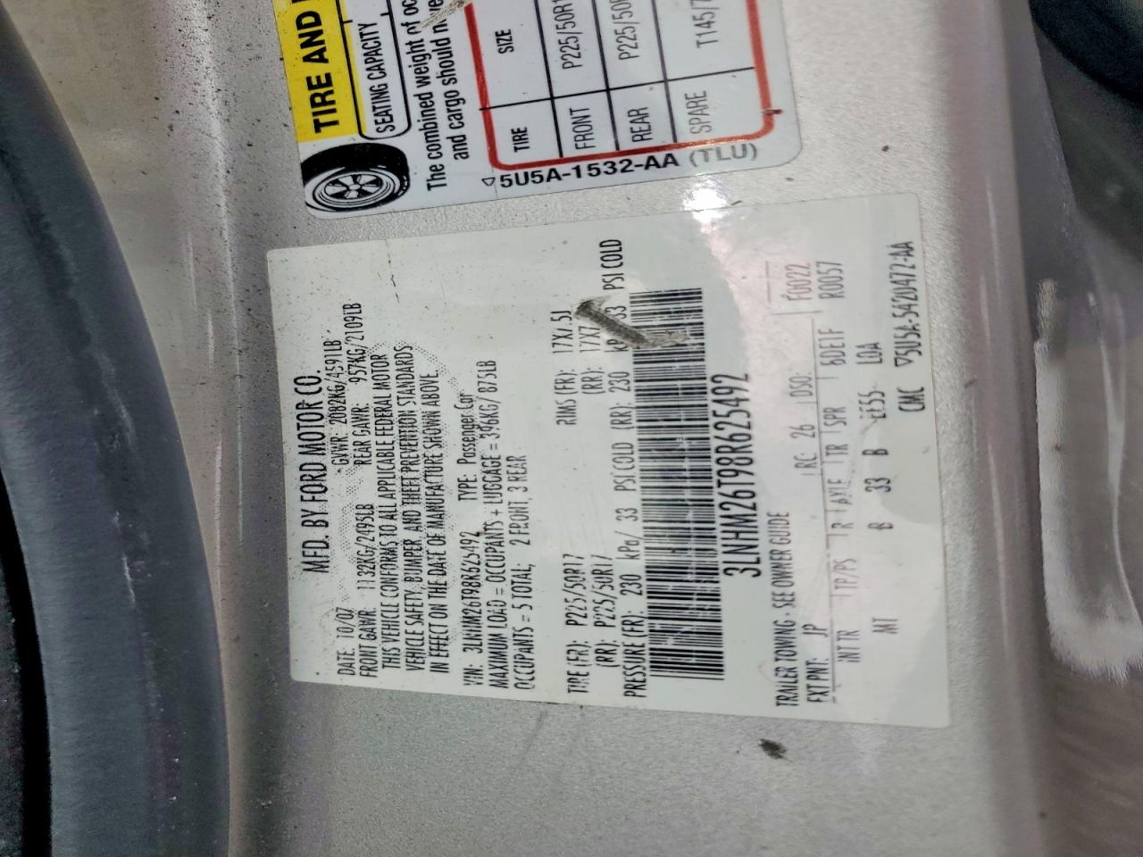 2008 Lincoln Mkz Silver vin: 3LNHM26T98R625492