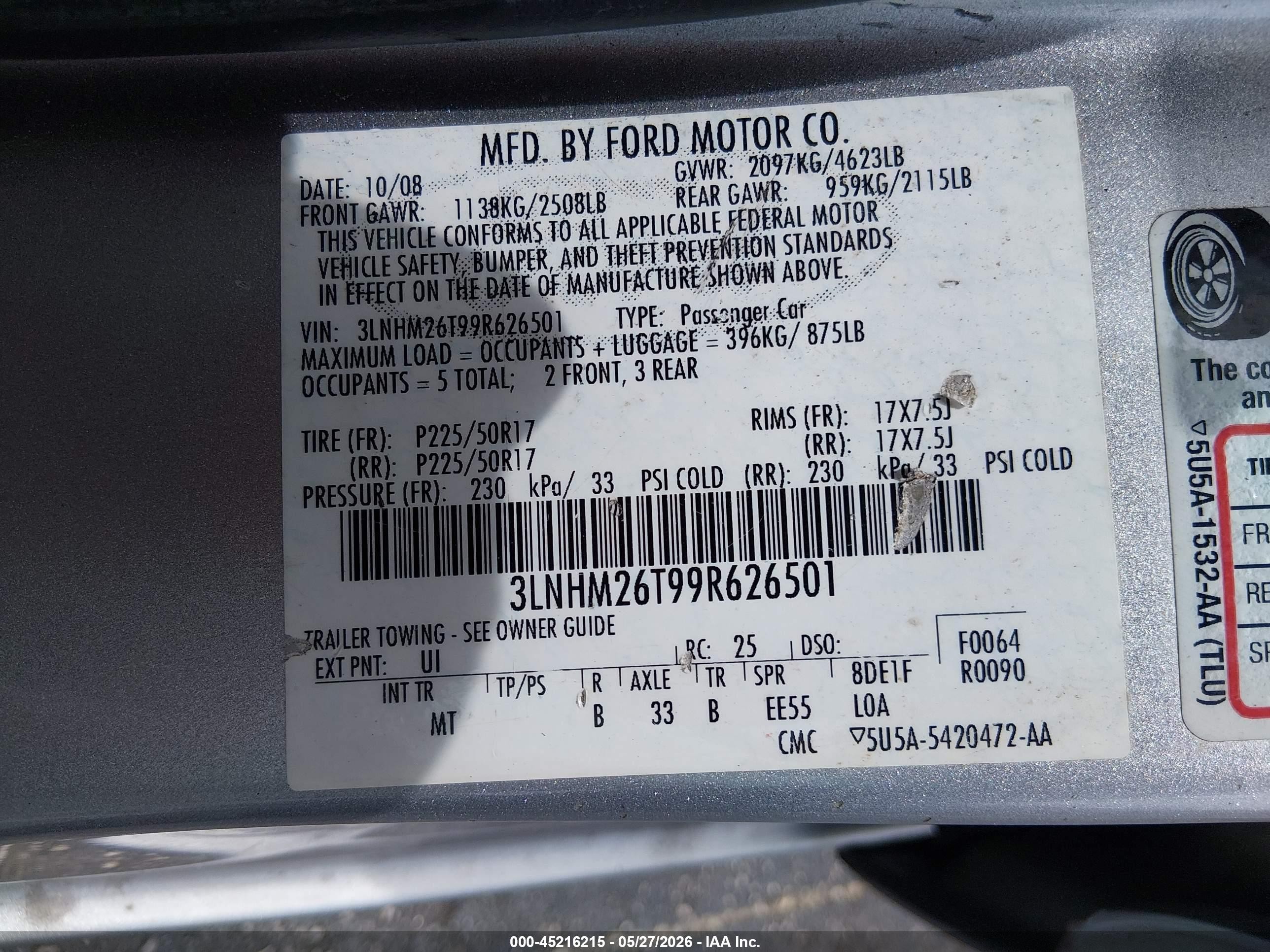 2009 Lincoln Mkz   Silver vin: 3LNHM26T99R626501