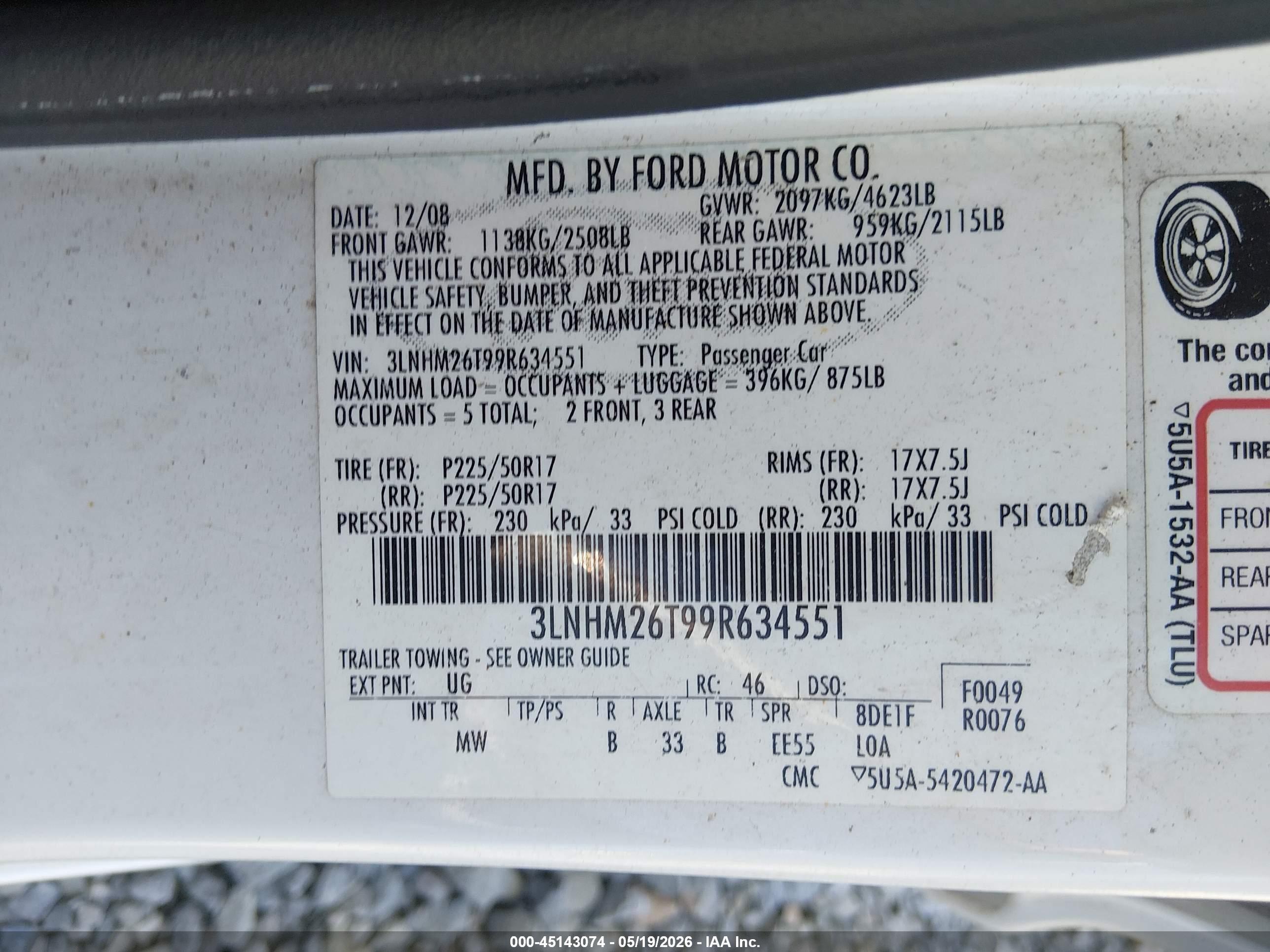 2009 Lincoln Mkz   White vin: 3LNHM26T99R634551