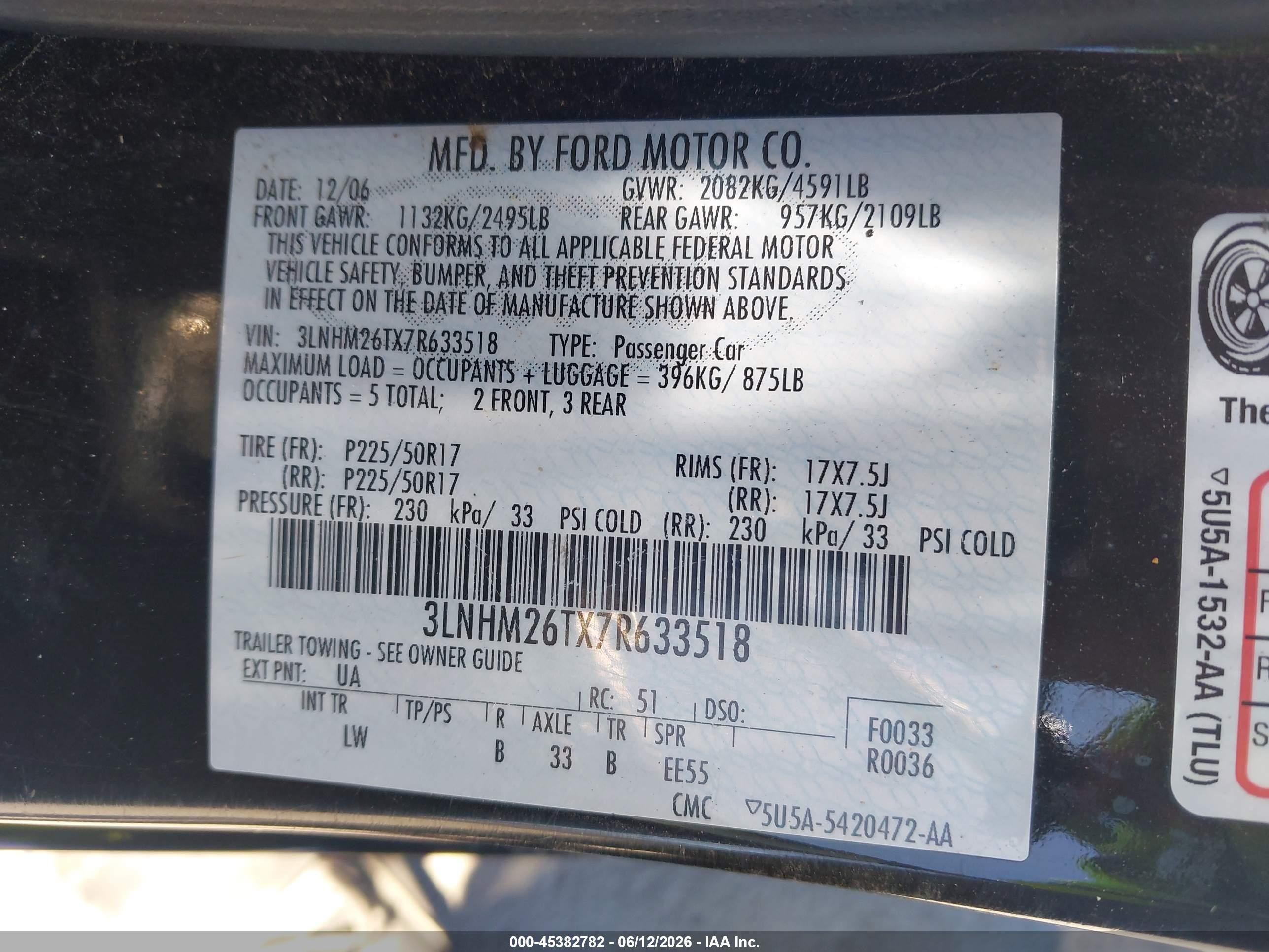 2007 Lincoln Mkz   Black vin: 3LNHM26TX7R633518