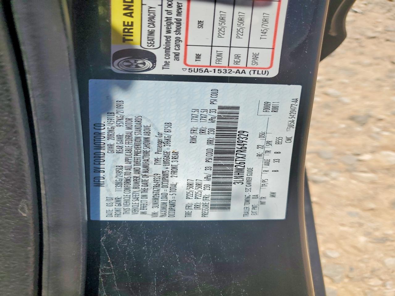 2007 Lincoln Mkz Black vin: 3LNHM26TX7R649329