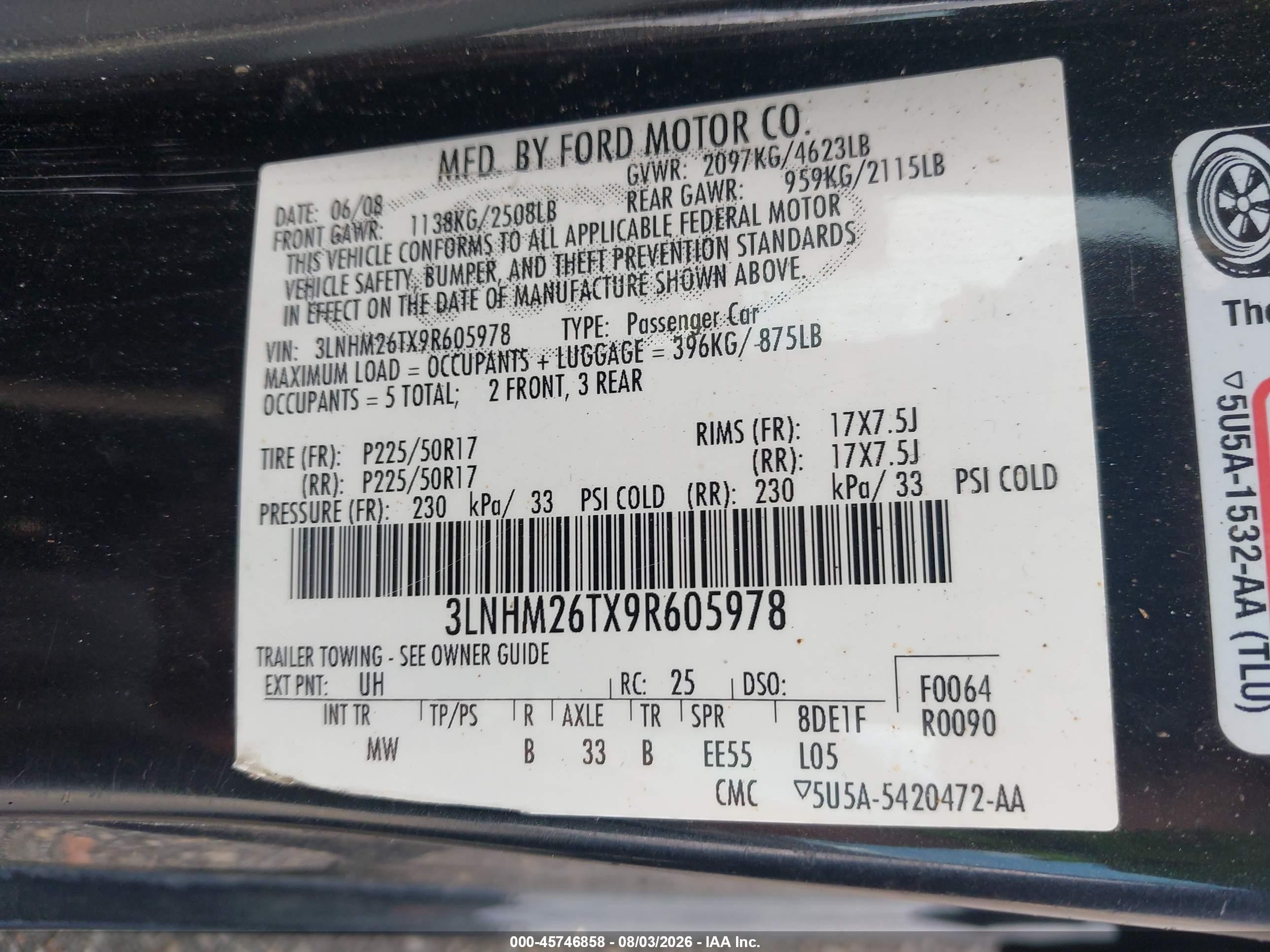 2009 Lincoln Mkz   Black vin: 3LNHM26TX9R605978