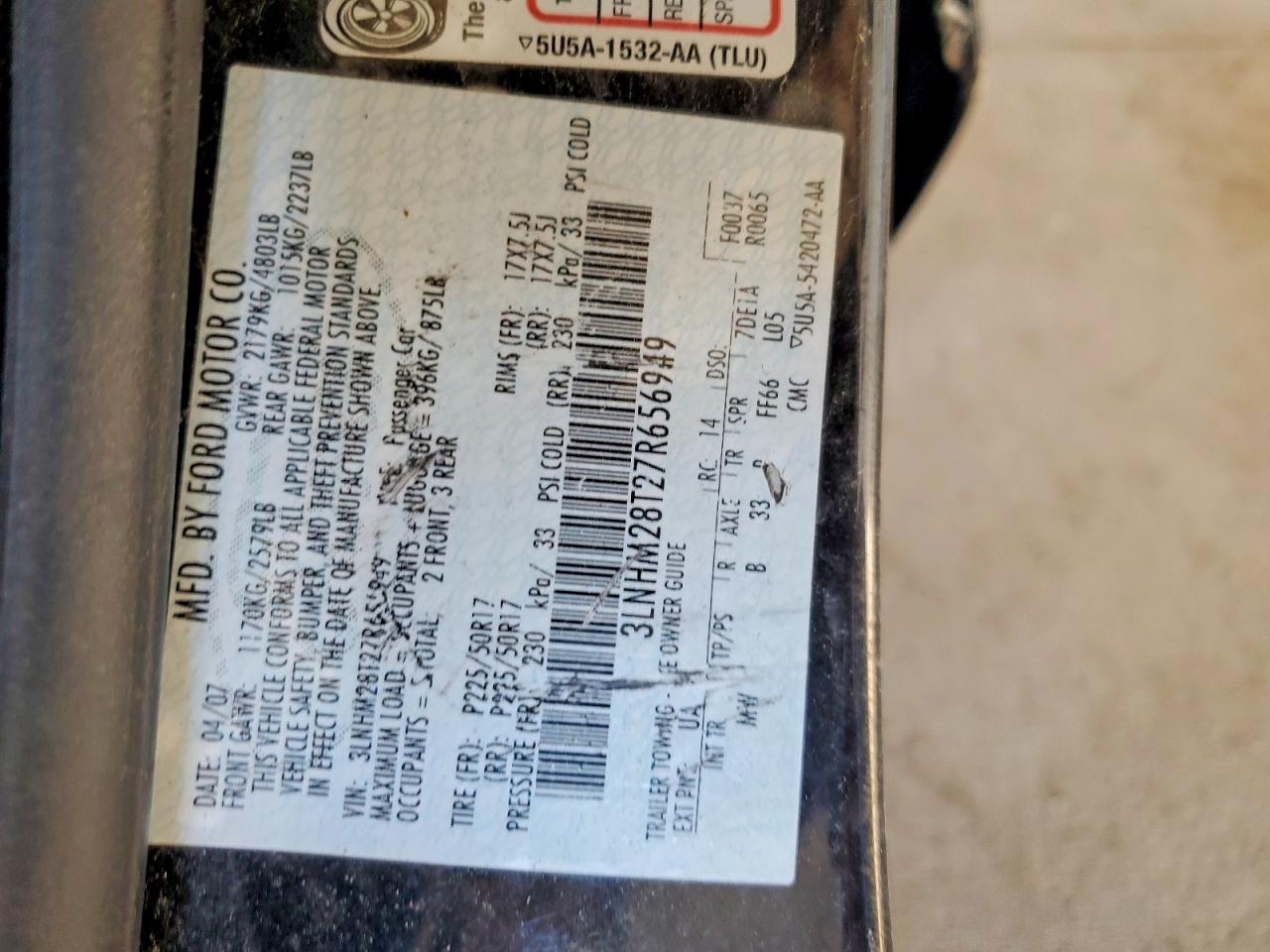 2007 Lincoln Mkz Black vin: 3LNHM28T27R656949