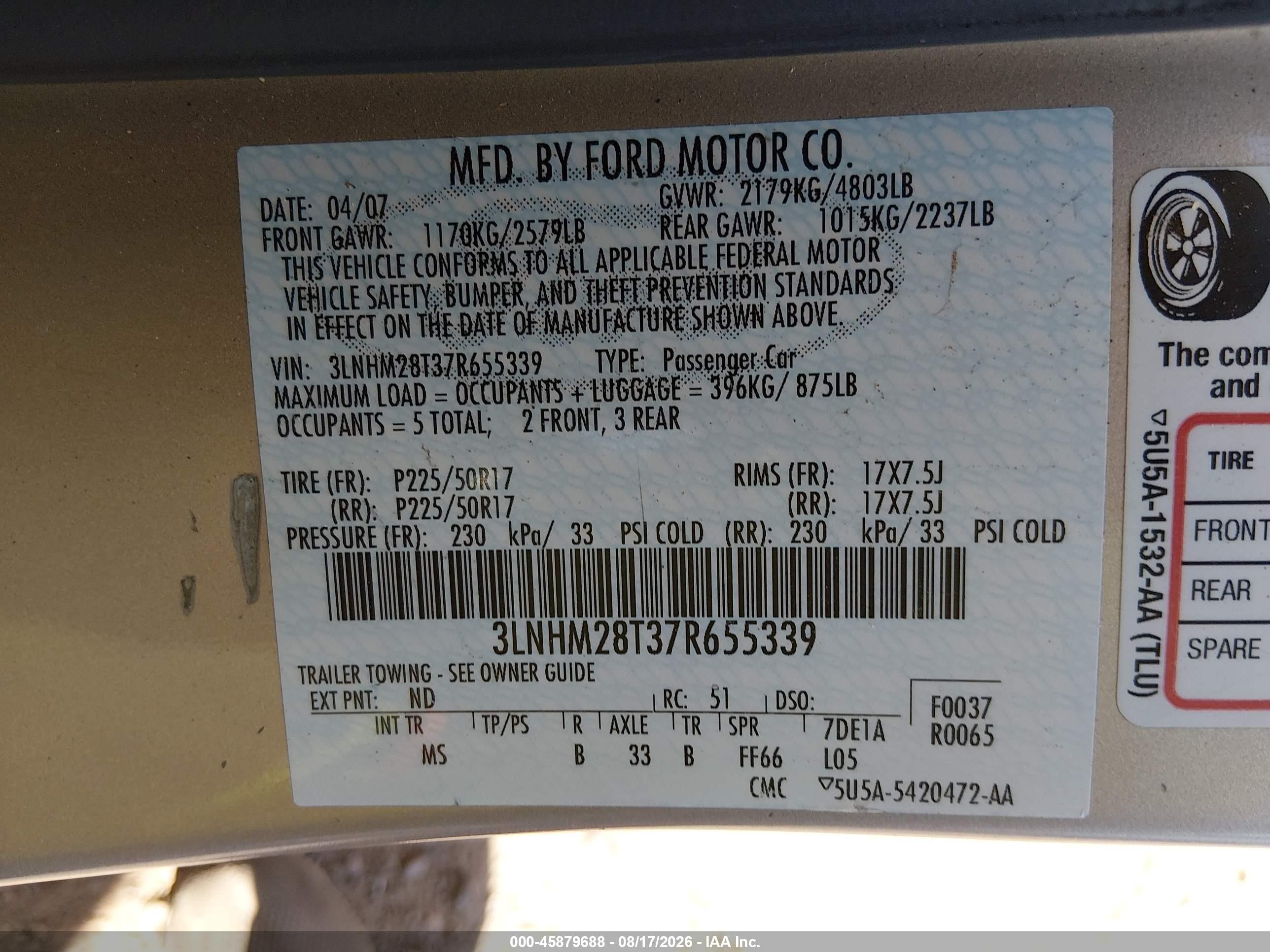 2007 Lincoln Mkz   Gold vin: 3LNHM28T37R655339