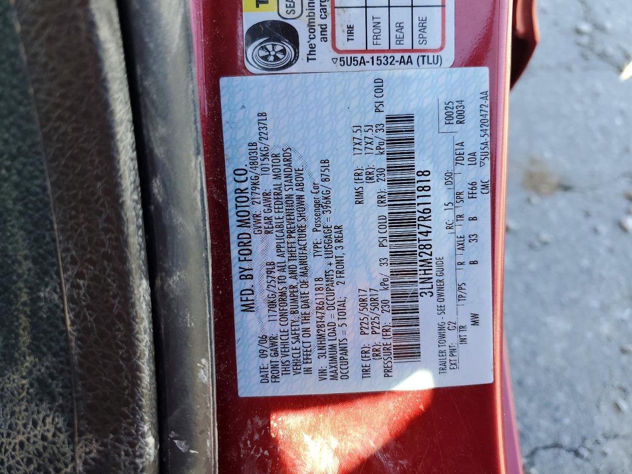 2007 Lincoln Mkz Red vin: 3LNHM28T47R611818