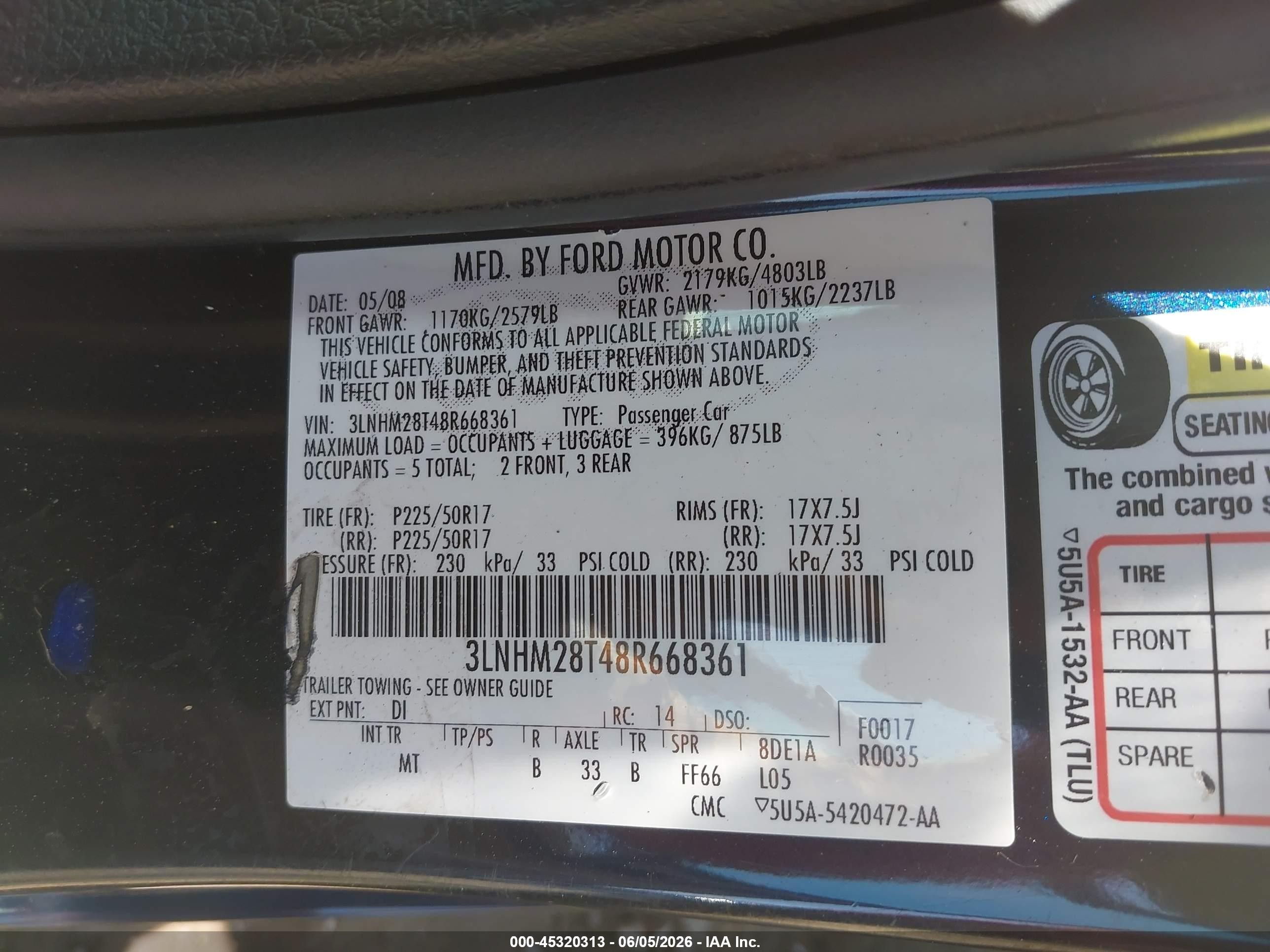 2008 Lincoln Mkz   Blue vin: 3LNHM28T48R668361