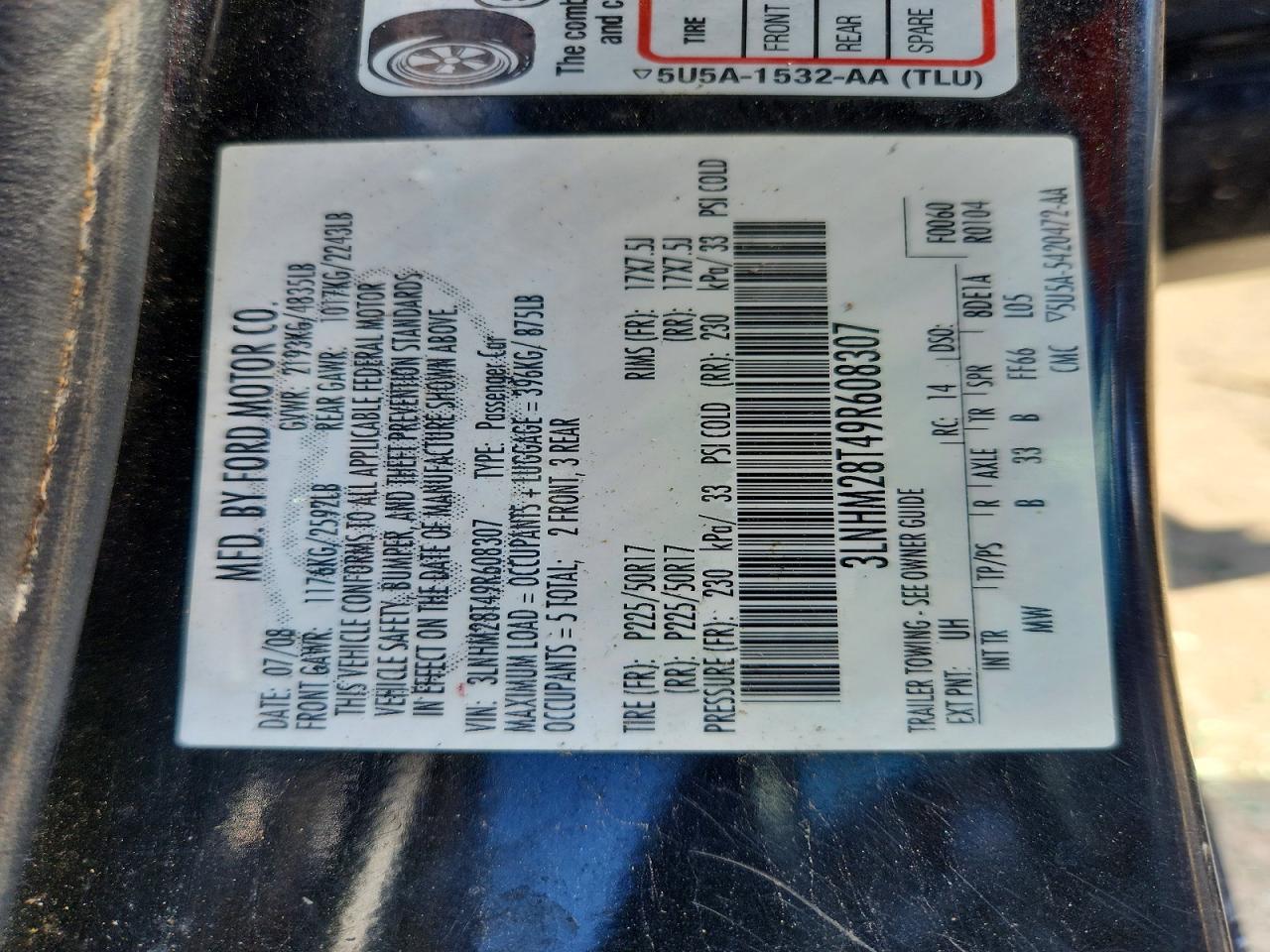 2009 Lincoln Mkz Black vin: 3LNHM28T49R608307