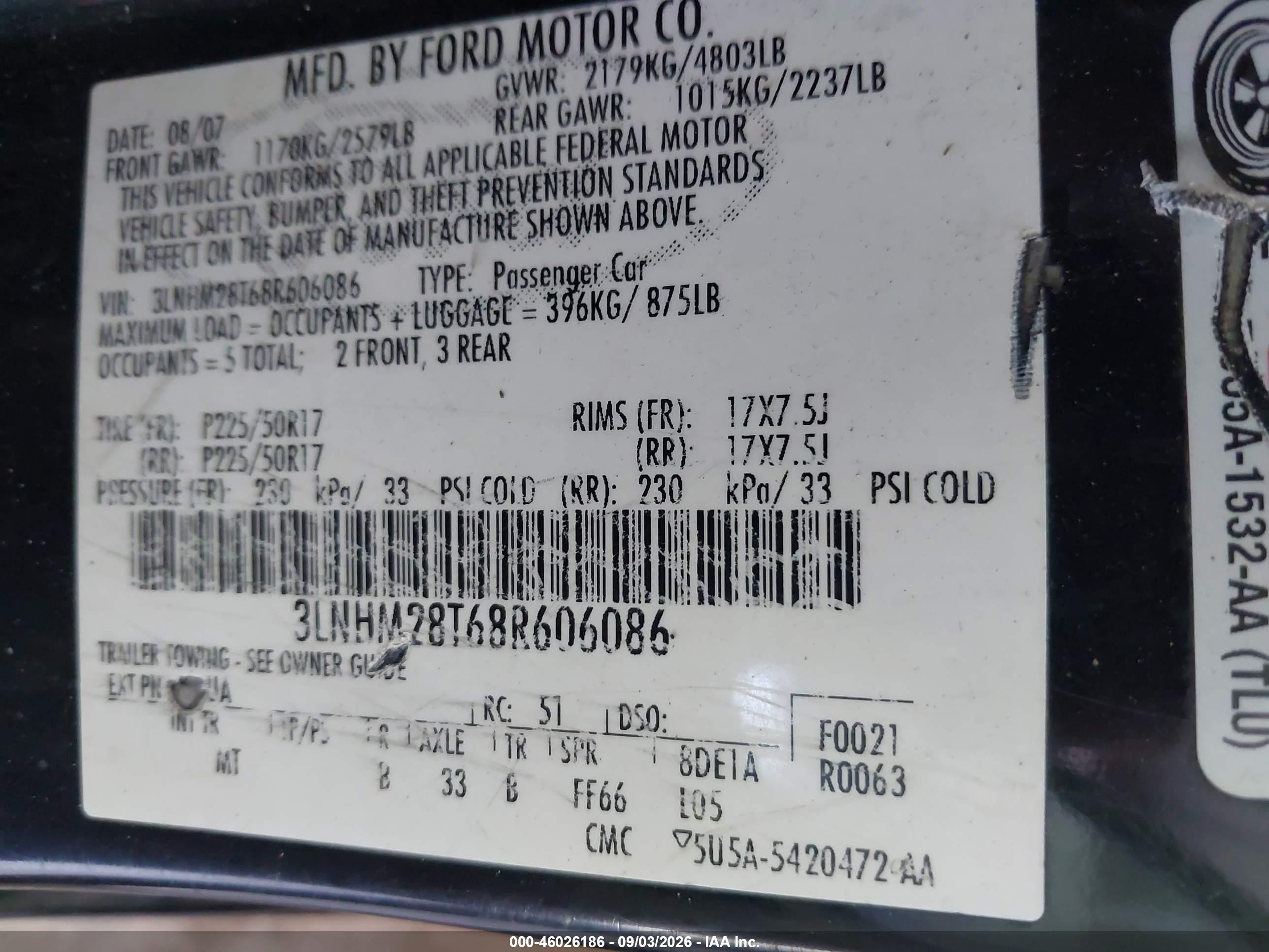 2008 Lincoln Mkz   Черный vin: 3LNHM28T68R606086