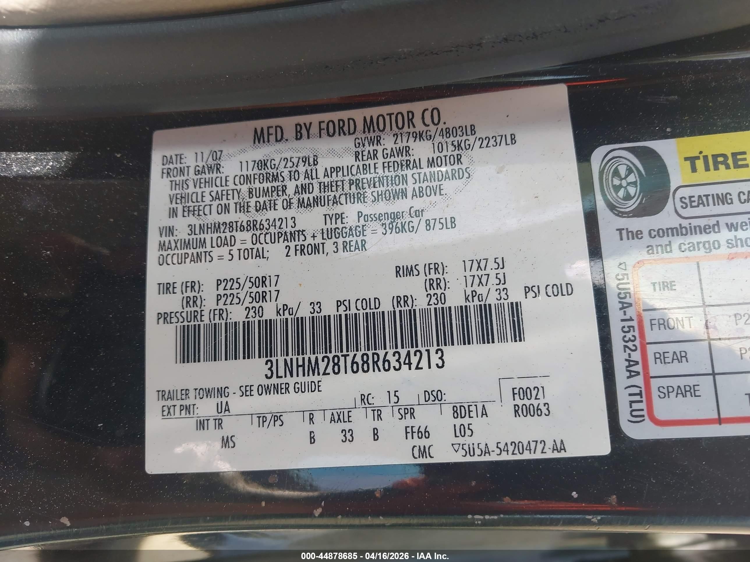 2008 Lincoln Mkz   Черный vin: 3LNHM28T68R634213