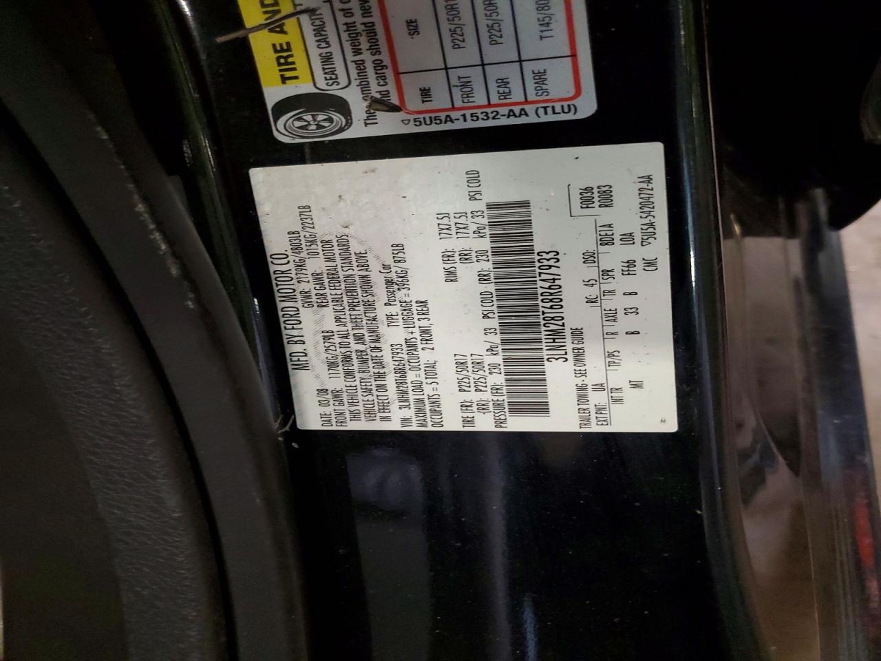 2008 Lincoln Mkz Black vin: 3LNHM28T68R647933