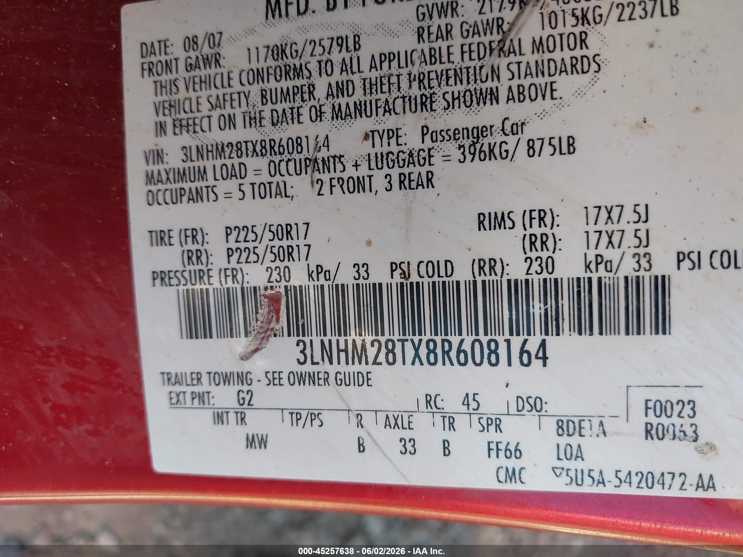 2008 Lincoln Mkz   Red vin: 3LNHM28TX8R608164