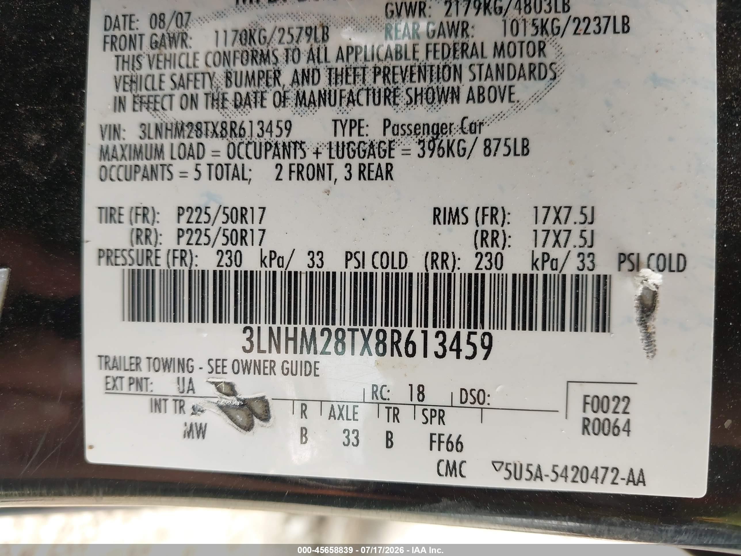 2008 Lincoln Mkz   Black vin: 3LNHM28TX8R613459