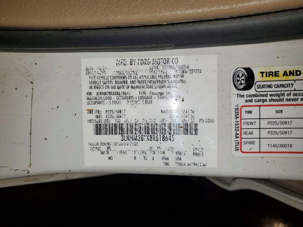 2008 Lincoln Mkz White vin: 3LNHM28TX8R618645