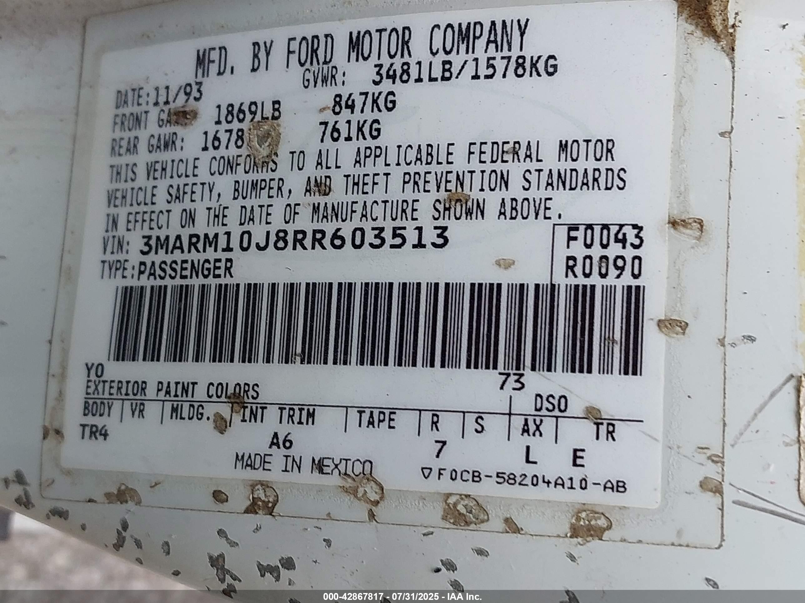 1994 Mercury Tracer Trio White vin: 3MARM10J8RR603513