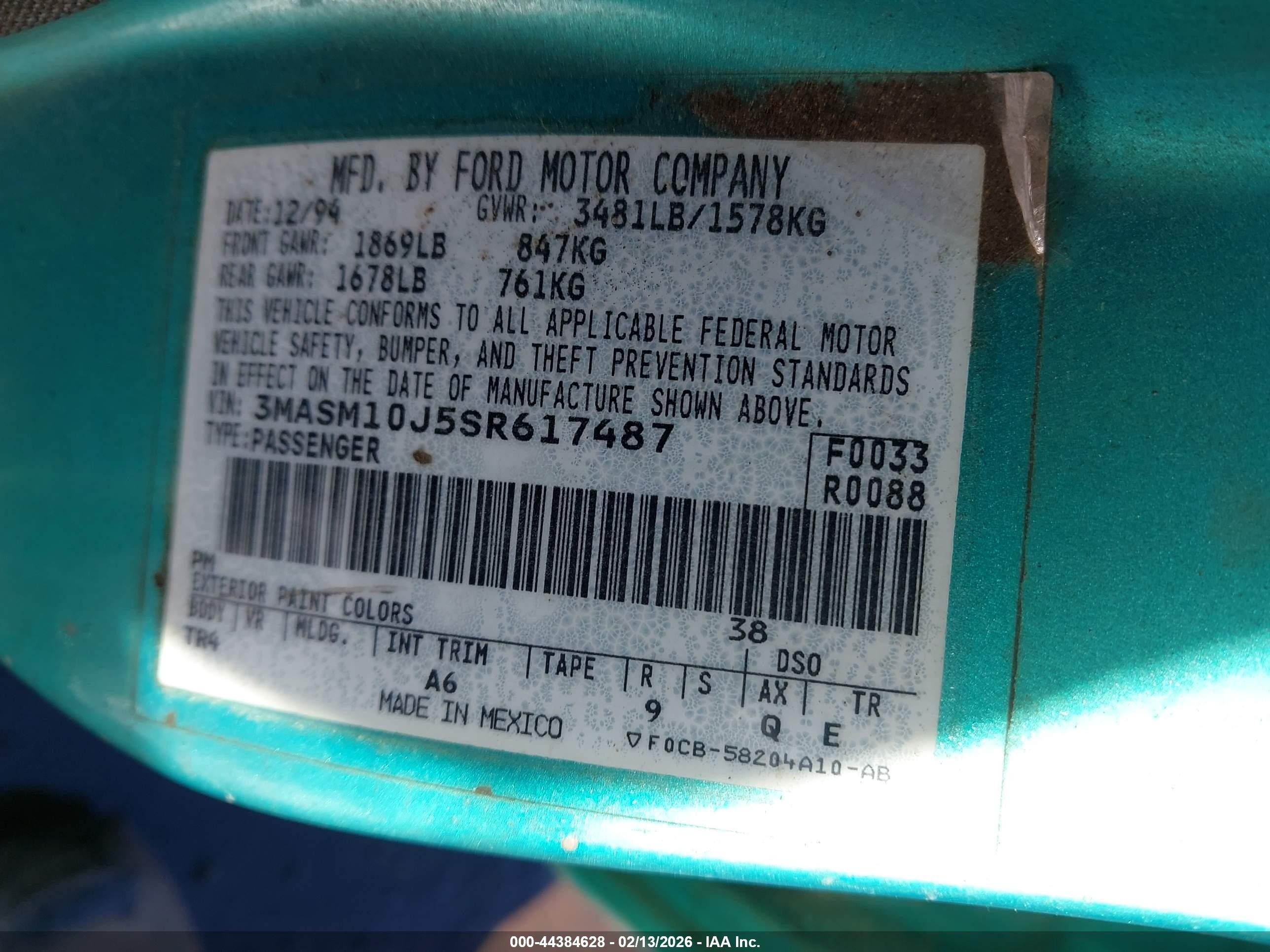1995 Mercury Tracer Trio Teal vin: 3MASM10J5SR617487