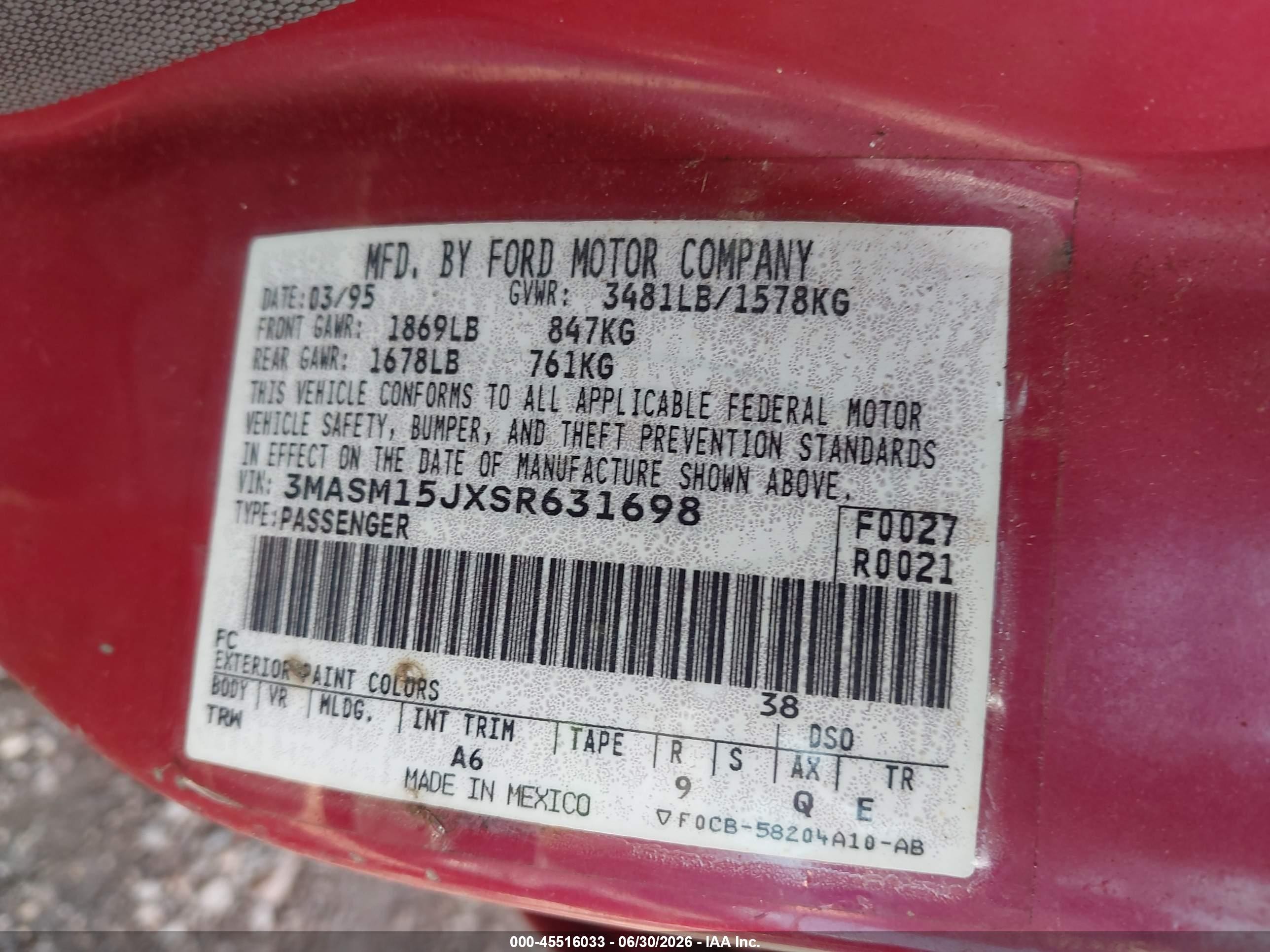 1995 Mercury Tracer Trio Pink vin: 3MASM15JXSR631698
