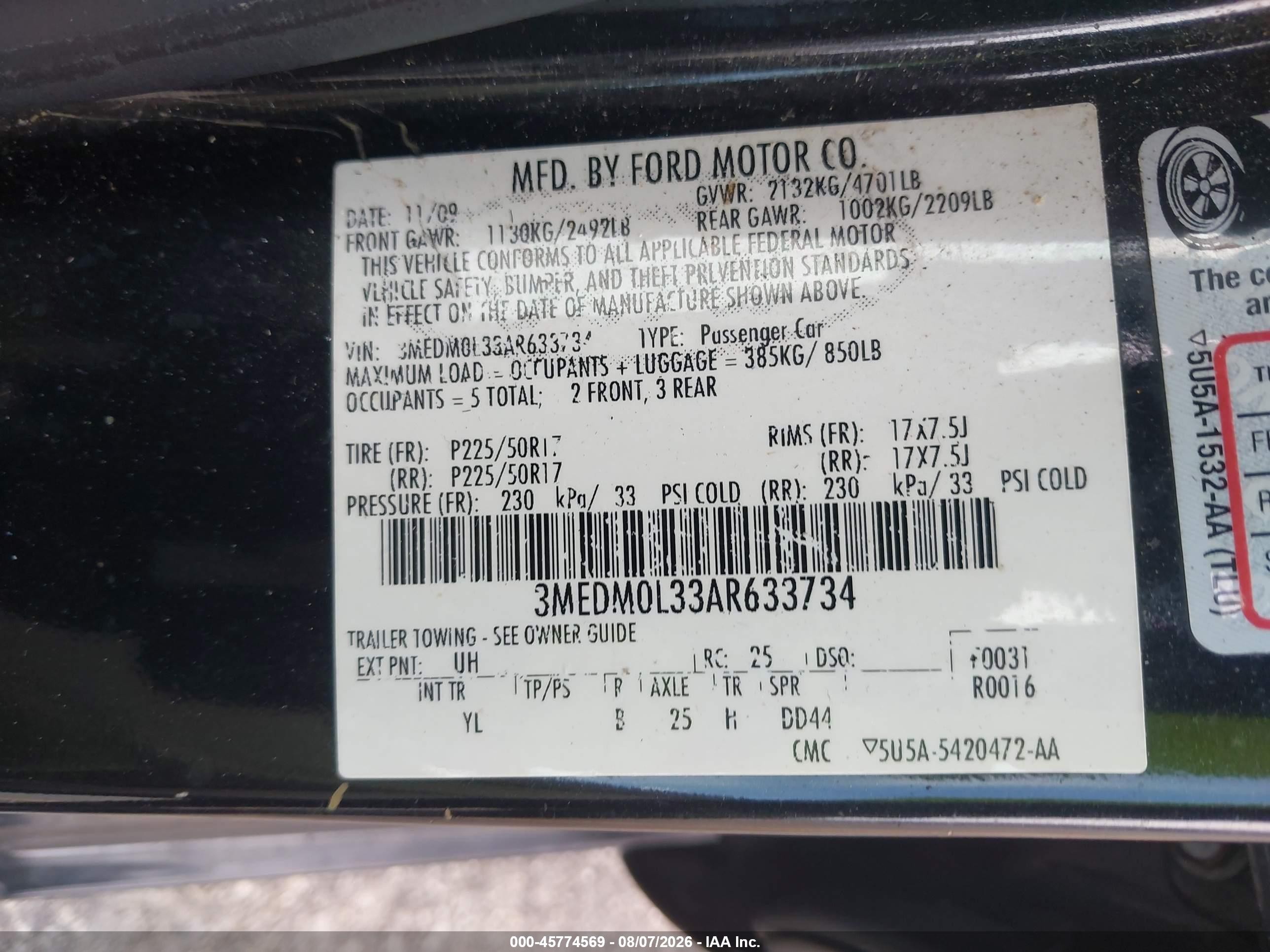 2010 Mercury Milan Hybrid   Black vin: 3MEDM0L33AR633734