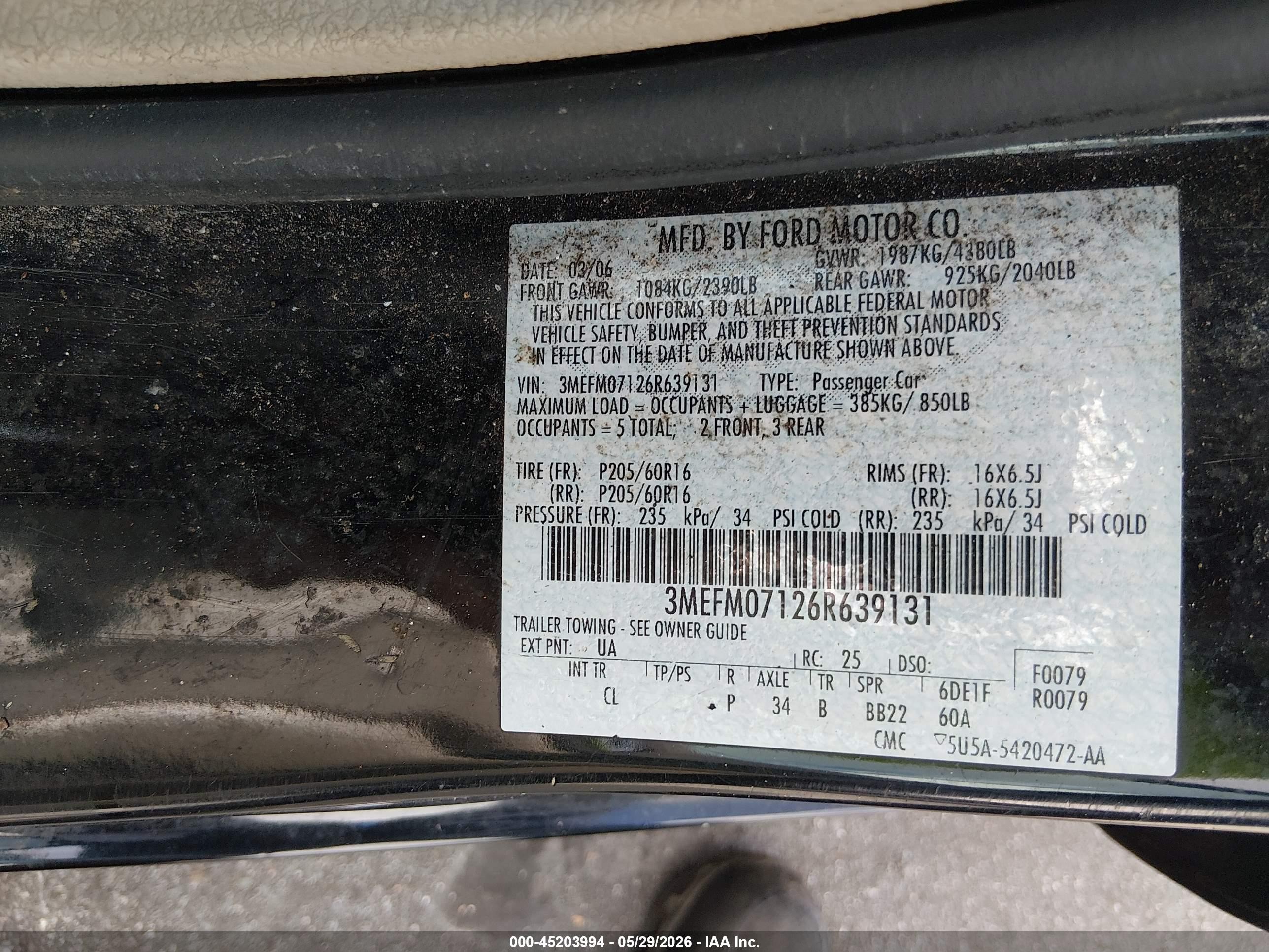 2006 Mercury Milan V6 Black vin: 3MEFM07126R639131