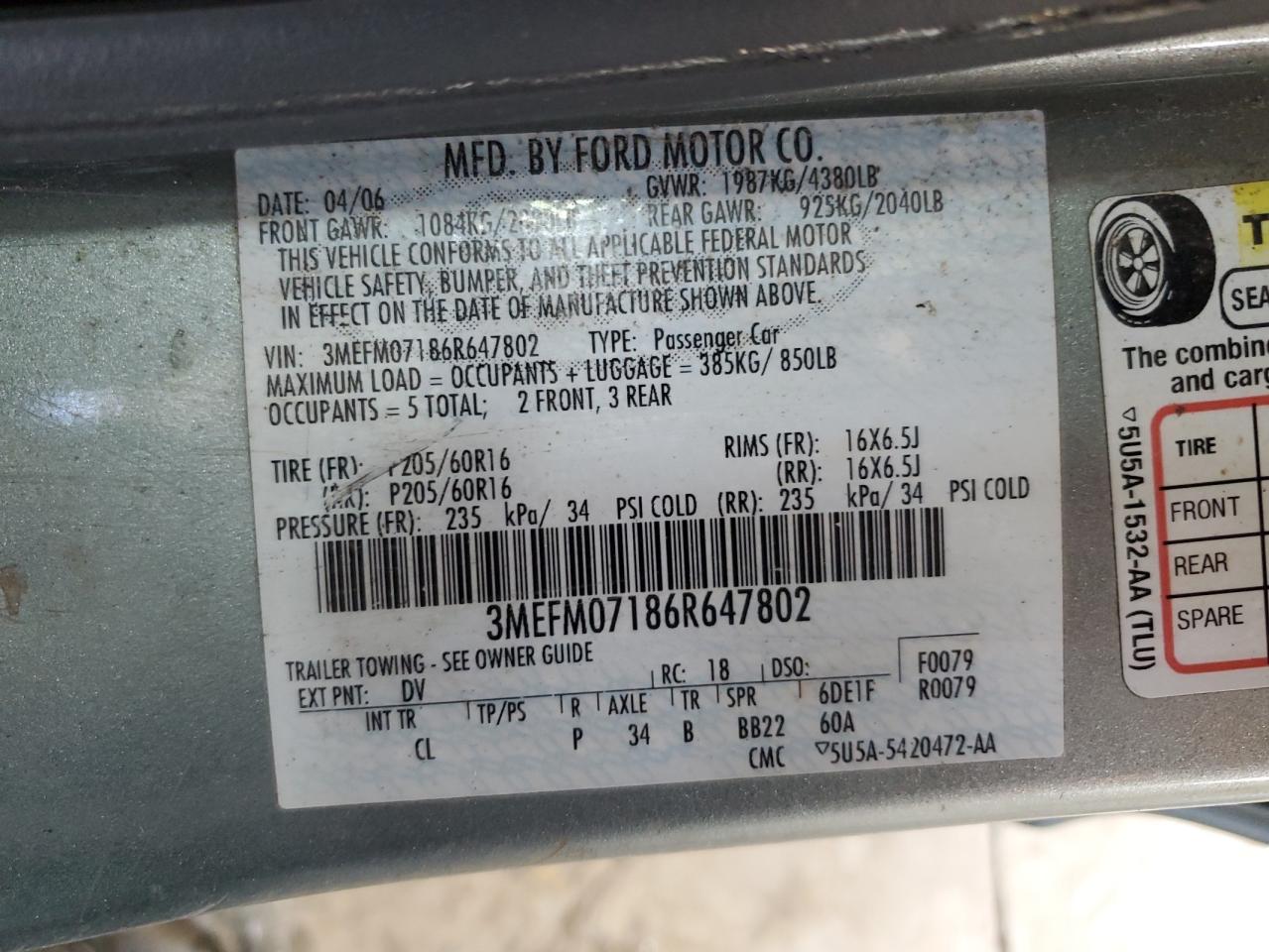 2006 Mercury Milan Синий vin: 3MEFM07186R647802