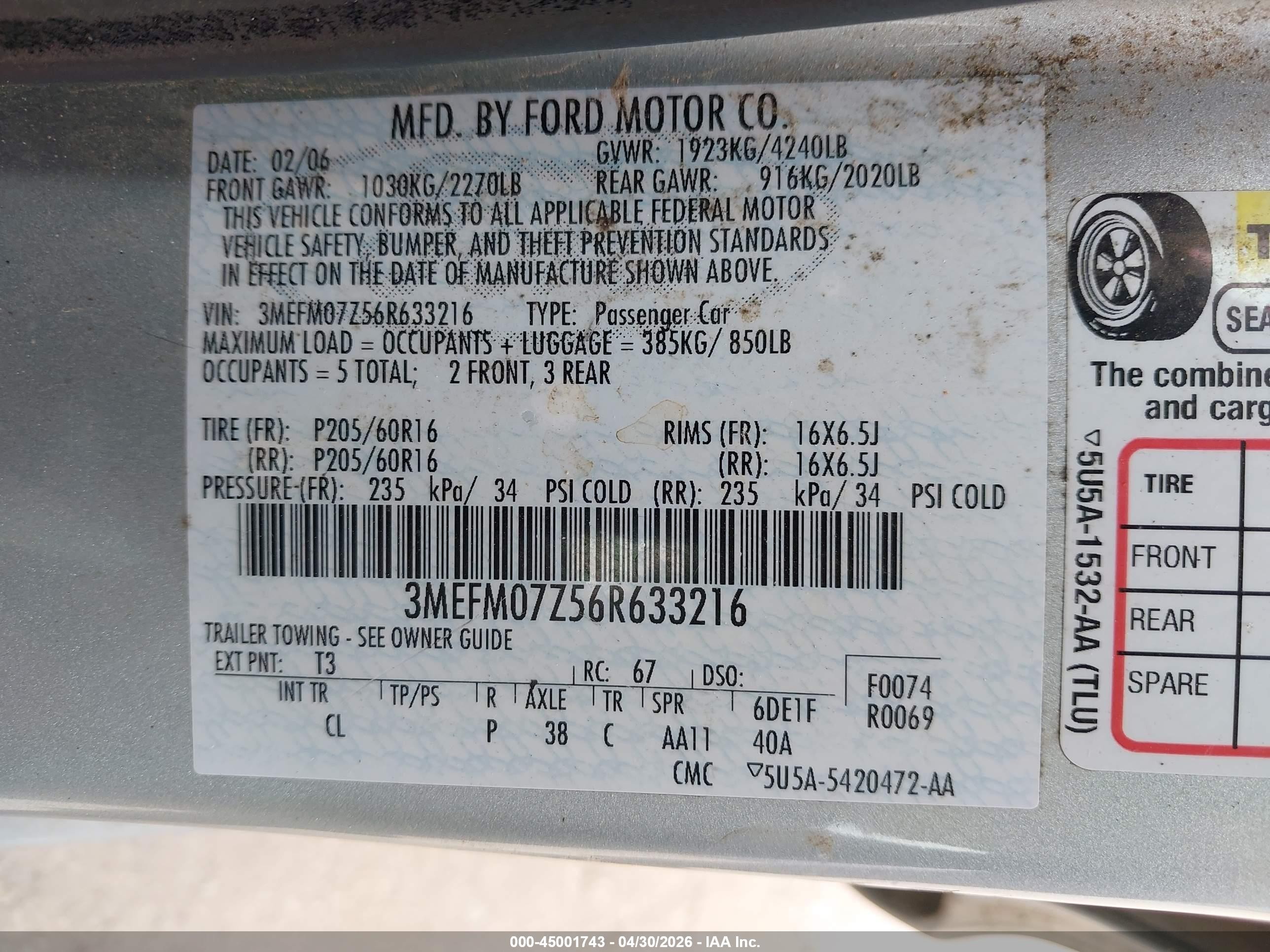 2006 Mercury Milan I4 Light Blue vin: 3MEFM07Z56R633216
