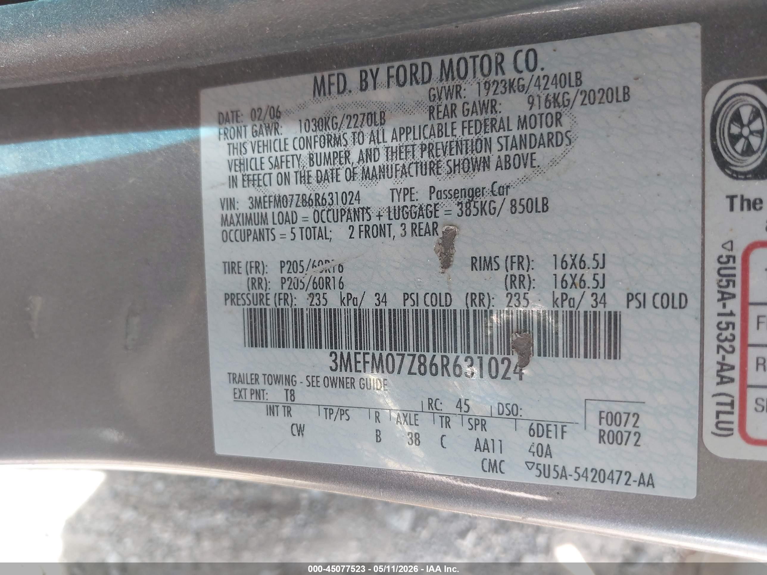 2006 Mercury Milan I4 Gray vin: 3MEFM07Z86R631024