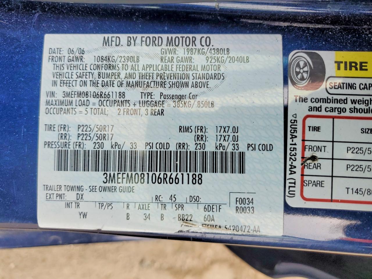 2006 Mercury Milan Premier Blue vin: 3MEFM08106R661188
