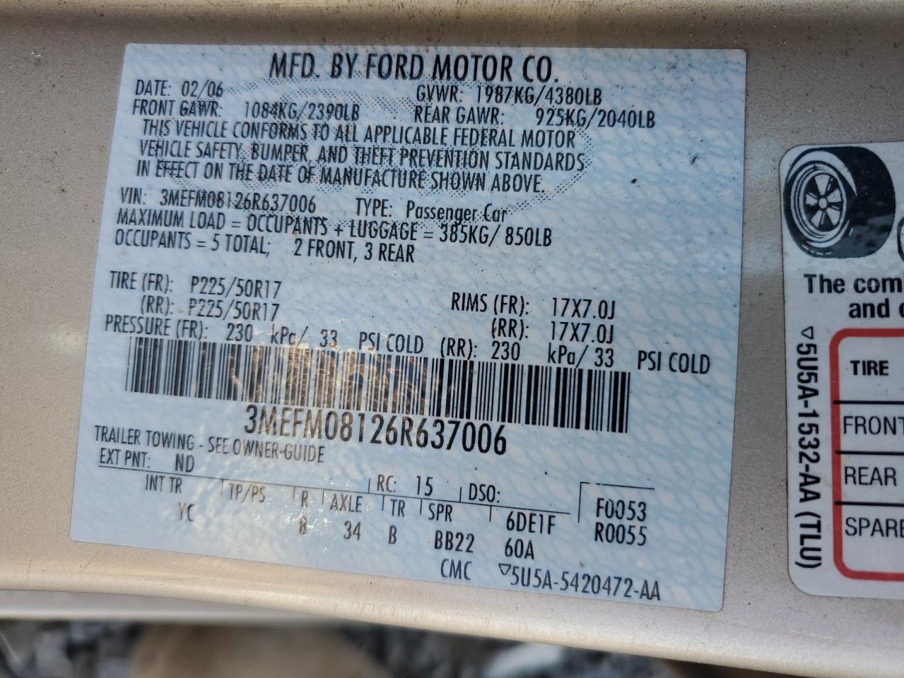 2006 Mercury Milan Tan vin: 3MEFM08126R637006