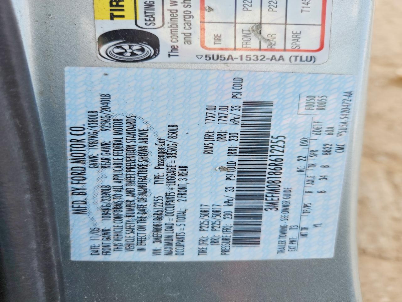 2006 Mercury Milan Premier Silver vin: 3MEFM08186R612255