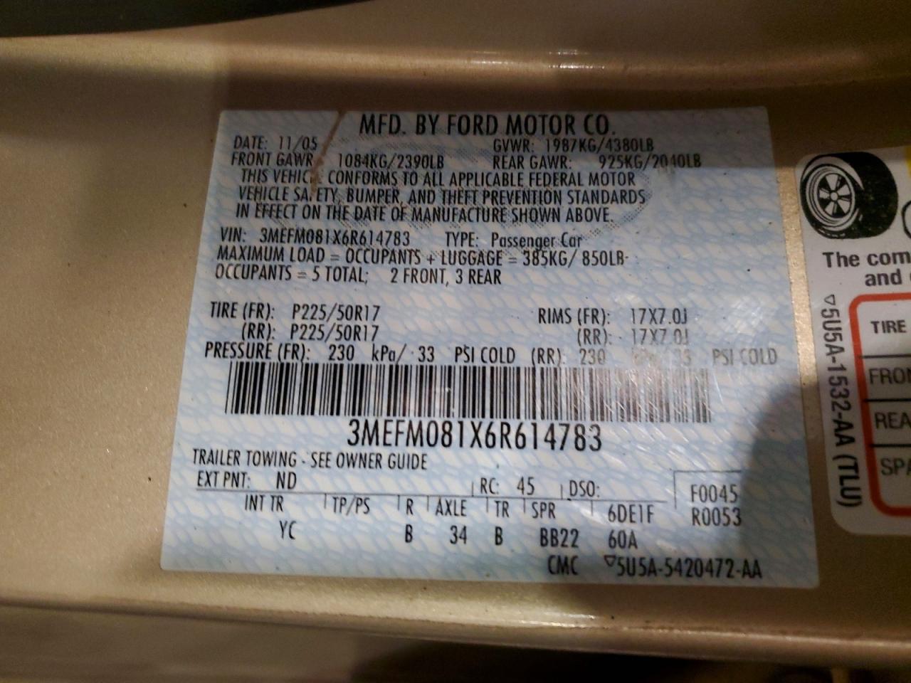 2006 Mercury Milan Premier Tan vin: 3MEFM081X6R614783