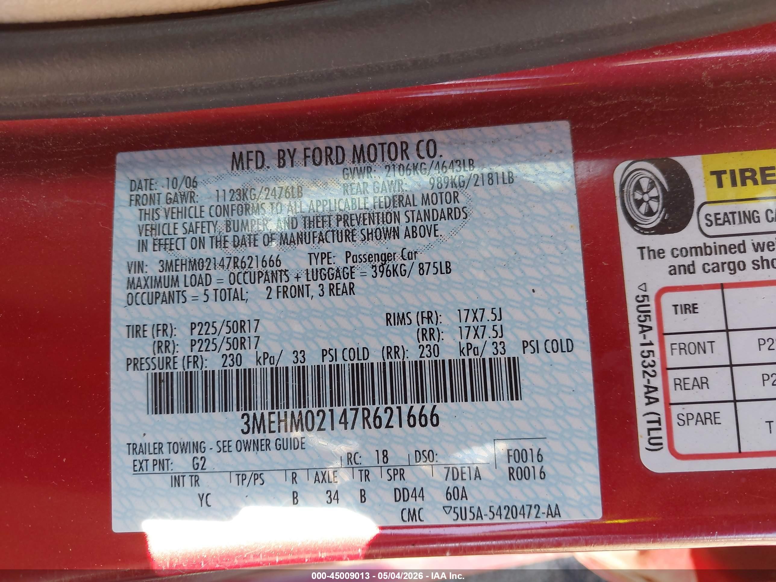 2007 Mercury Milan V6 Premier Red vin: 3MEHM02147R621666