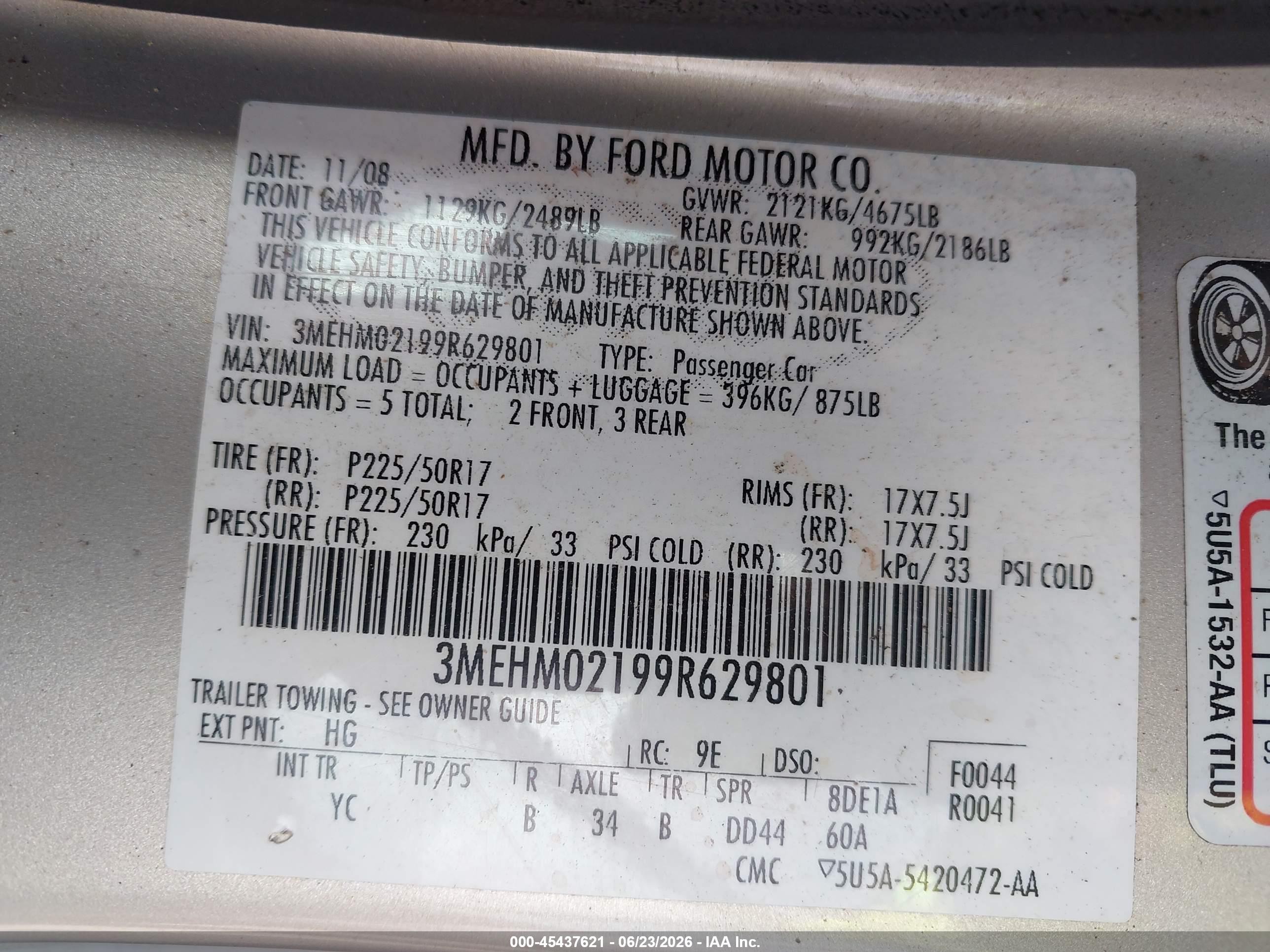 2009 Mercury Milan V6 Premier Beige vin: 3MEHM02199R629801