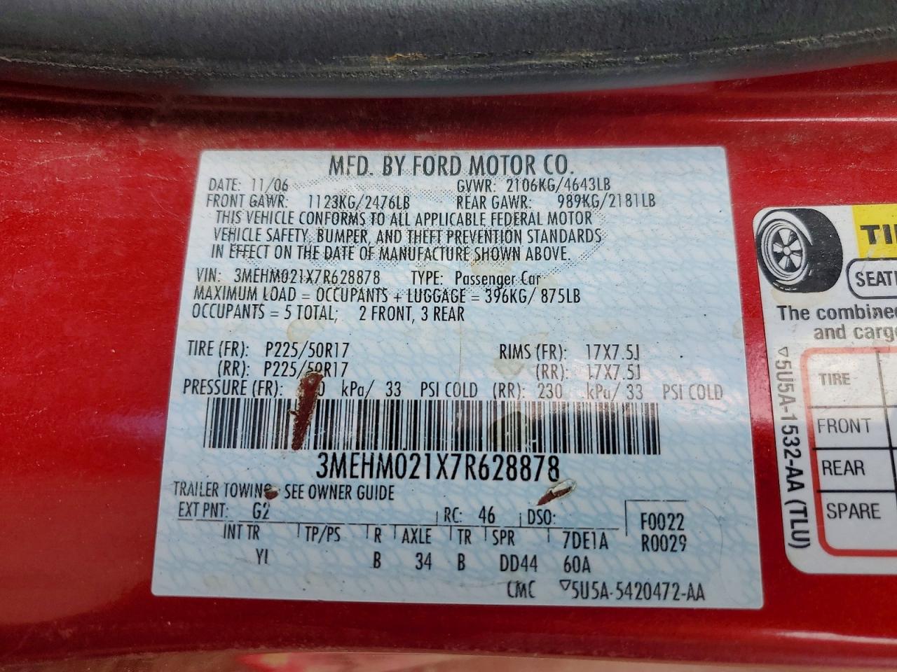 2007 Mercury Milan Premier Red vin: 3MEHM021X7R628878