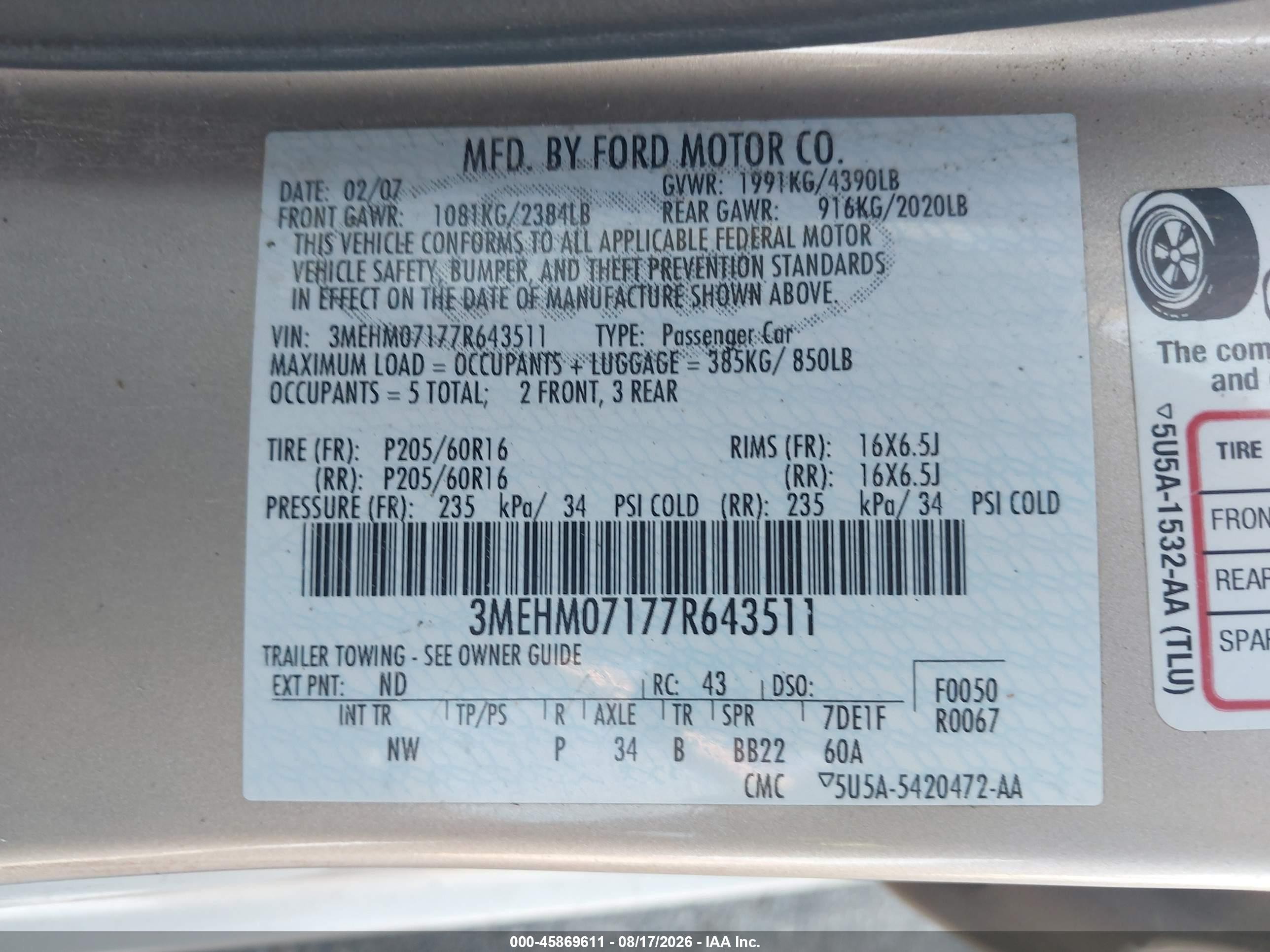 2007 Mercury Milan V6 (120a) Champagne vin: 3MEHM07177R643511