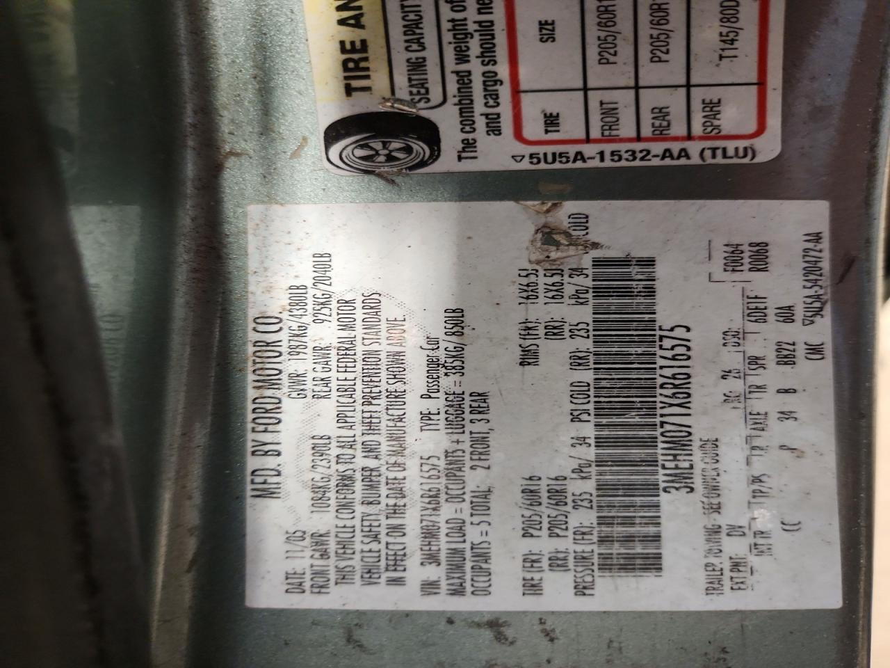 2006 Mercury Milan Turquoise vin: 3MEHM071X6R616575
